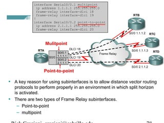 • A key reason for using subinterfaces is to allow distance vector routing
protocols to perform properly in an environment in which split horizon
is activated.
• There are two types of Frame Relay subinterfaces.
– Point-to-point
– multipoint
Mulitpoint
Point-to-point
 