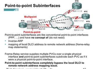 Point-to-point subinterfaces are like conventional point-to-point interfaces
(PPP, …) and have no concept of (do not need):
• Inverse-ARP
• mapping of local DLCI address to remote network address (frame-relay
map statements)
Frame-Relay service supplies multiple PVCs over a single physical
interface and point-to-point subinterfaces subdivide each PVC as if it
were a physical point-to-point interface.
Point-to-point subinterfaces completely bypass the local DLCI to
remote network address mapping issue.
Point-to-point Subinterfaces
Mulitpoint
Point-to-point
 