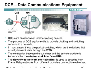 DCE – Data Communications Equipment
• DCEs are carrier-owned internetworking devices.
• The purpose of DCE equipment is to provide clocking and switching
services in a network.
• In most cases, these are packet switches, which are the devices that
actually transmit data through the WAN.
• The connection between the customer and the service provider is
known as the User-to-Network Interface (UNI).
• The Network-to-Network Interface (NNI) is used to describe how
Frame Relay networks from different providers connect to each other.
UNI NNI
 
