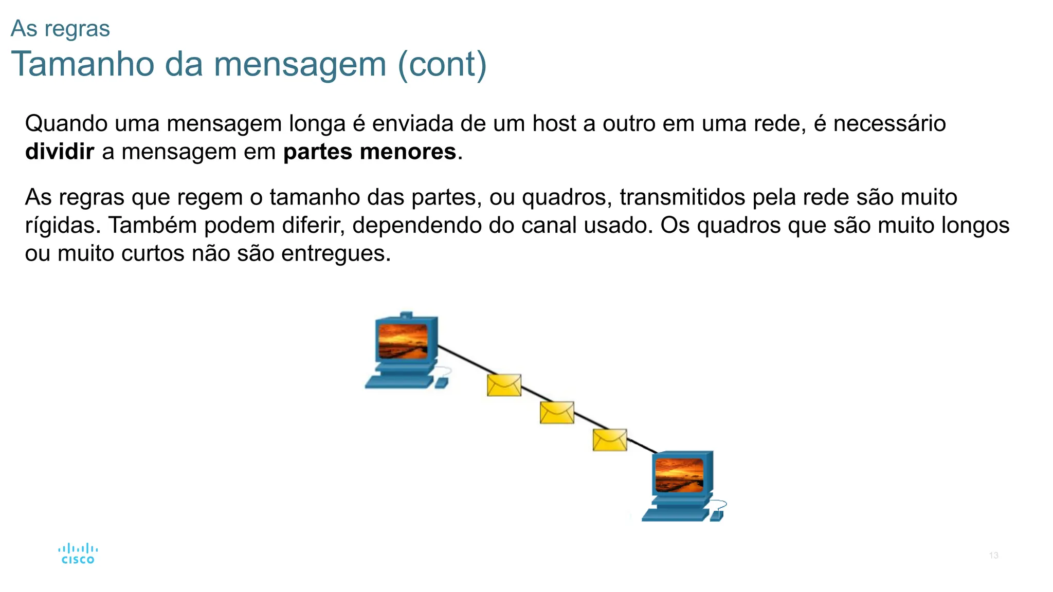 13
As regras
Tamanho da mensagem (cont)
Quando uma mensagem longa é enviada de um host a outro em uma rede, é necessário
dividir a mensagem em partes menores.
As regras que regem o tamanho das partes, ou quadros, transmitidos pela rede são muito
rígidas. Também podem diferir, dependendo do canal usado. Os quadros que são muito longos
ou muito curtos não são entregues.
 