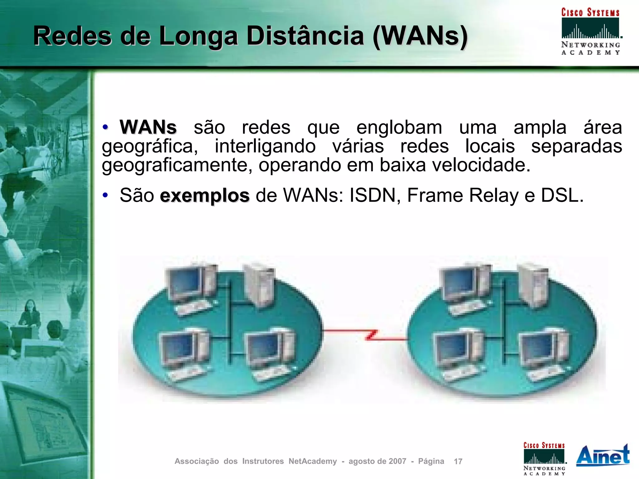Redes de Longa Distância (WANs)


    • WANs são redes que englobam uma ampla área
    geográfica, interligando várias redes locais separadas
    geograficamente, operando em baixa velocidade.
    • São exemplos de WANs: ISDN, Frame Relay e DSL.




           Associação dos Instrutores NetAcademy - agosto de 2007 - Página   17
 