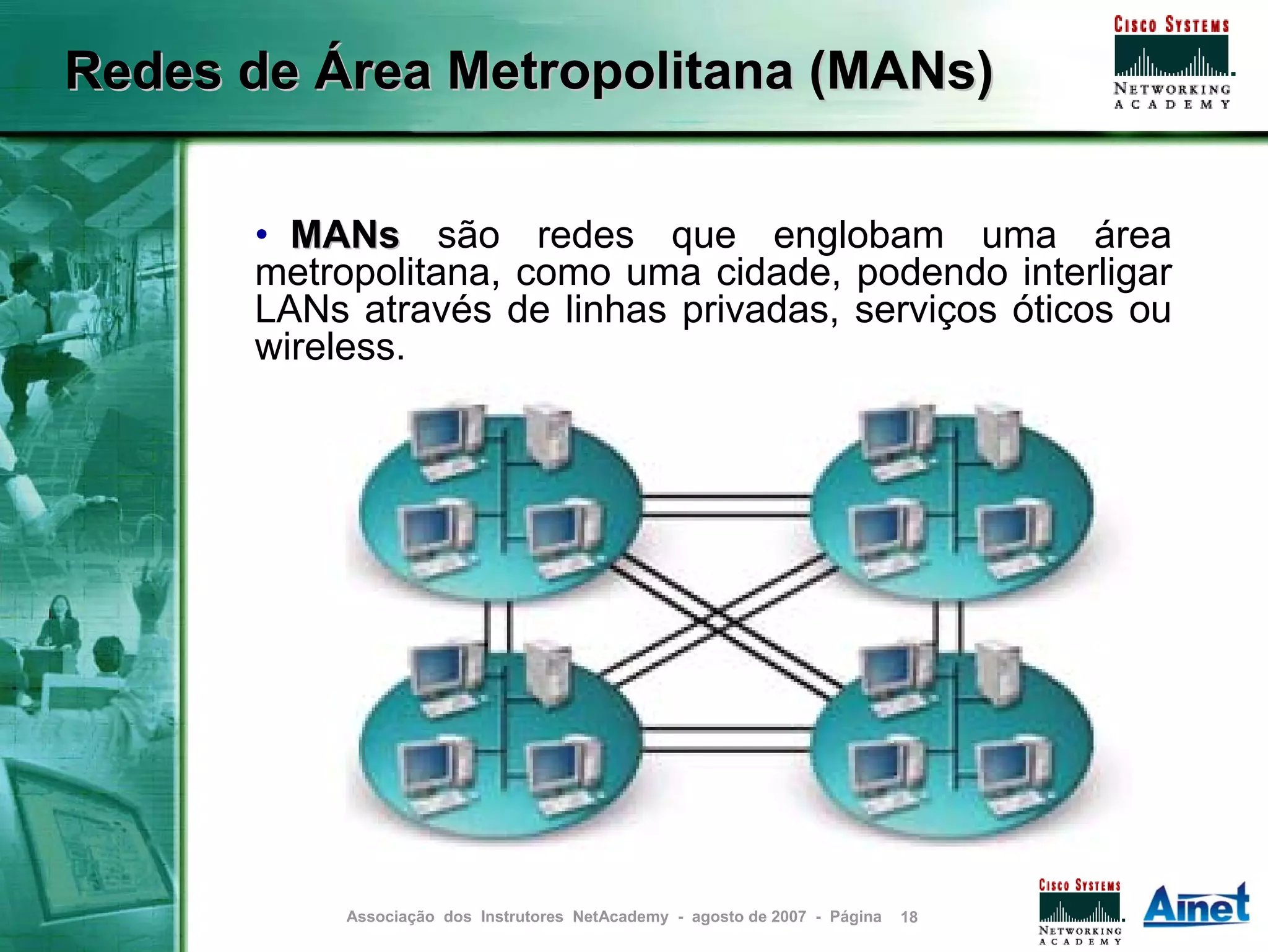 Redes de Área Metropolitana (MANs)


      • MANs são redes que englobam uma área
      metropolitana, como uma cidade, podendo interligar
      LANs através de linhas privadas, serviços óticos ou
      wireless.




           Associação dos Instrutores NetAcademy - agosto de 2007 - Página   18
 