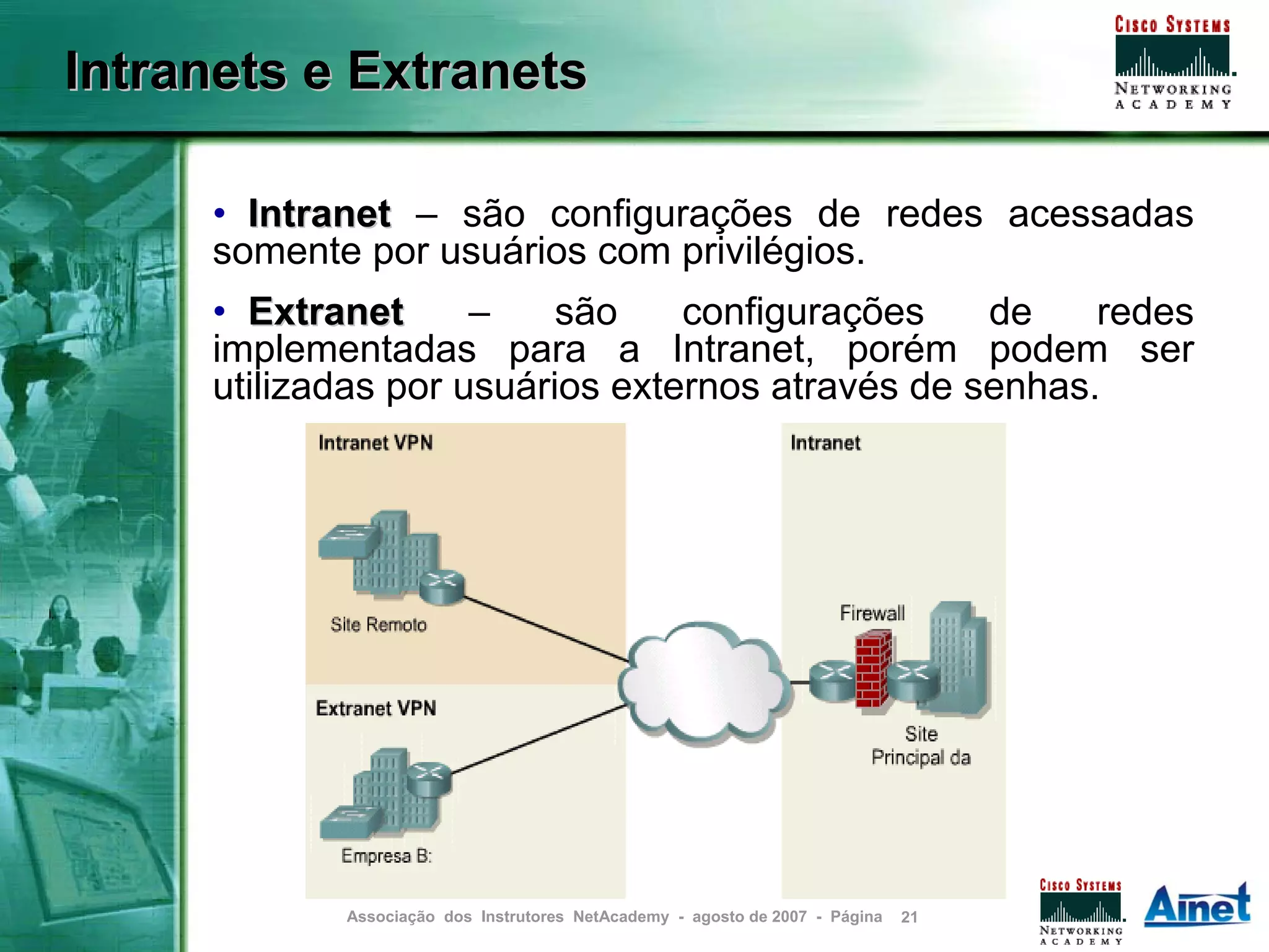 Intranets e Extranets

     • Intranet – são configurações de redes acessadas
     somente por usuários com privilégios.
     • Extranet      –    são    configurações    de    redes
     implementadas para a Intranet, porém podem ser
     utilizadas por usuários externos através de senhas.




            Associação dos Instrutores NetAcademy - agosto de 2007 - Página   21
 