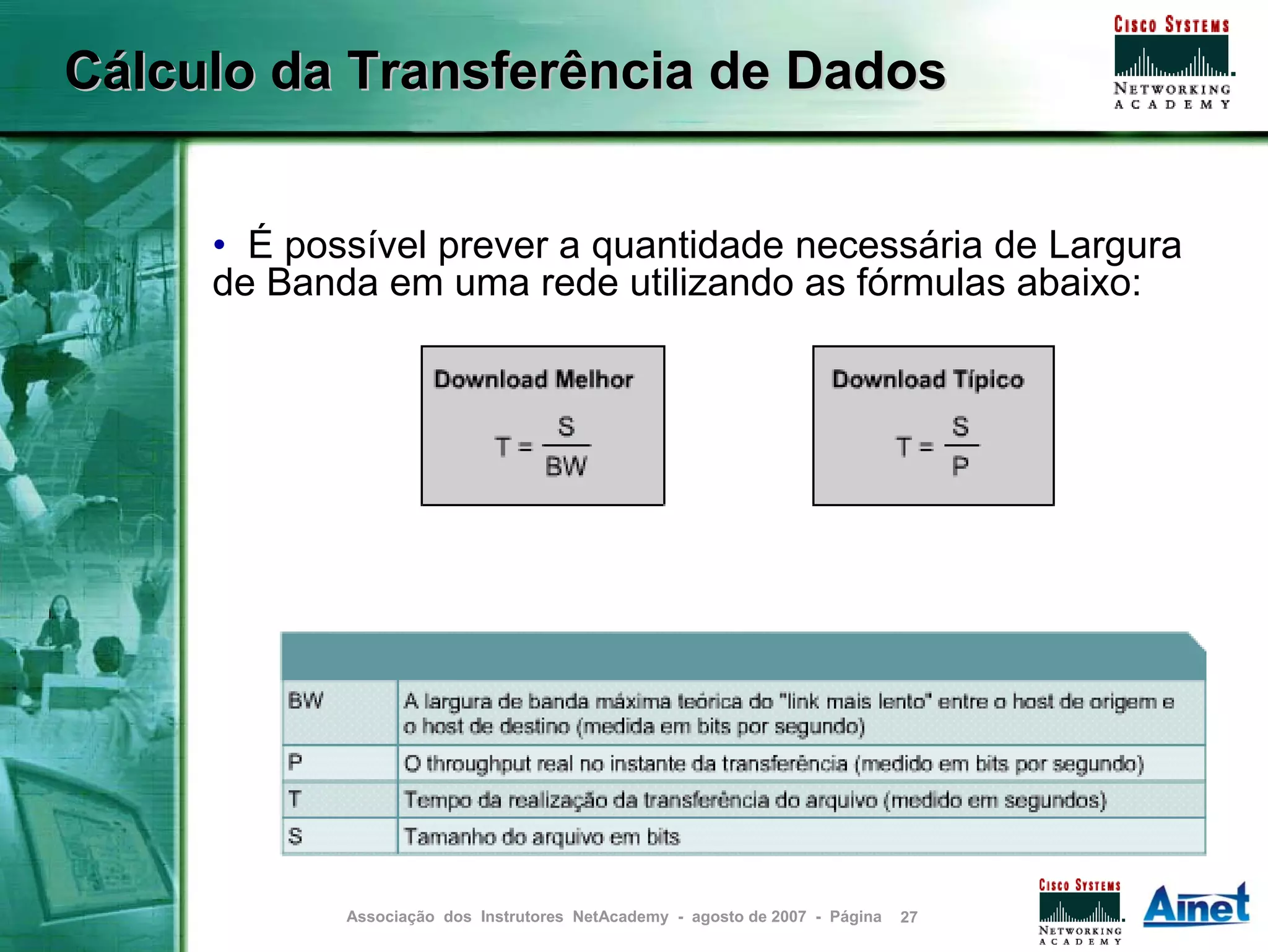 Cálculo da Transferência de Dados


     • É possível prever a quantidade necessária de Largura
     de Banda em uma rede utilizando as fórmulas abaixo:




            Associação dos Instrutores NetAcademy - agosto de 2007 - Página   27
 
