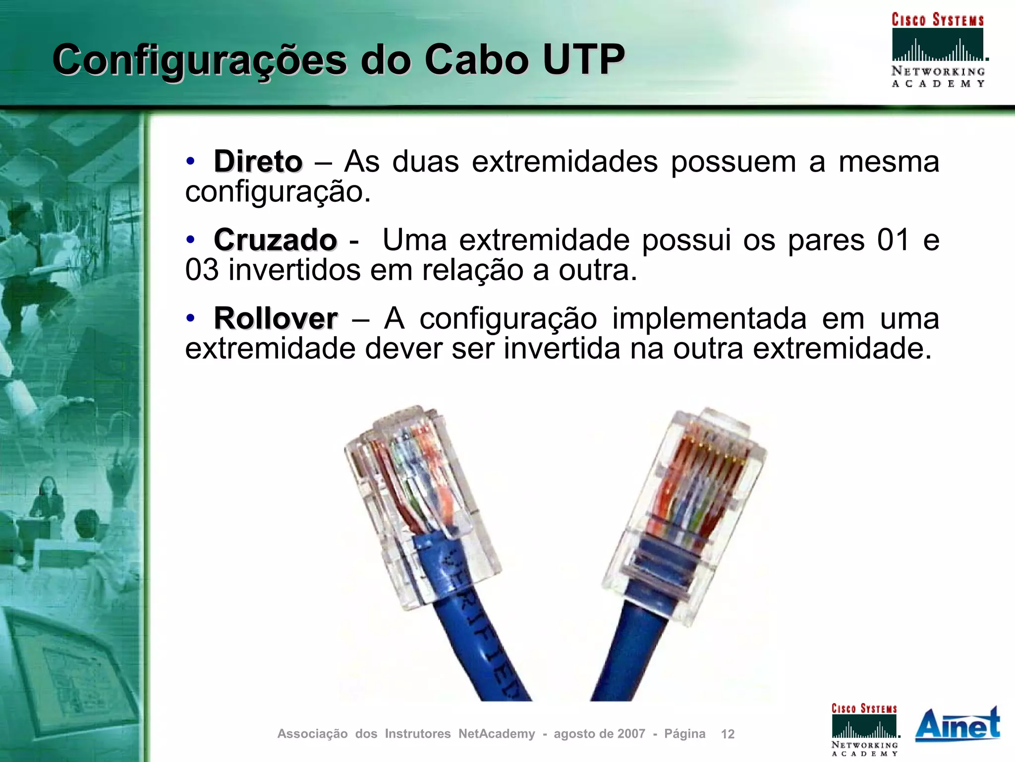 Configurações do Cabo UTP

     • Direto – As duas extremidades possuem a mesma
     configuração.
     • Cruzado - Uma extremidade possui os pares 01 e
     03 invertidos em relação a outra.
     • Rollover – A configuração implementada em uma
     extremidade dever ser invertida na outra extremidade.




           Associação dos Instrutores NetAcademy - agosto de 2007 - Página   12
 