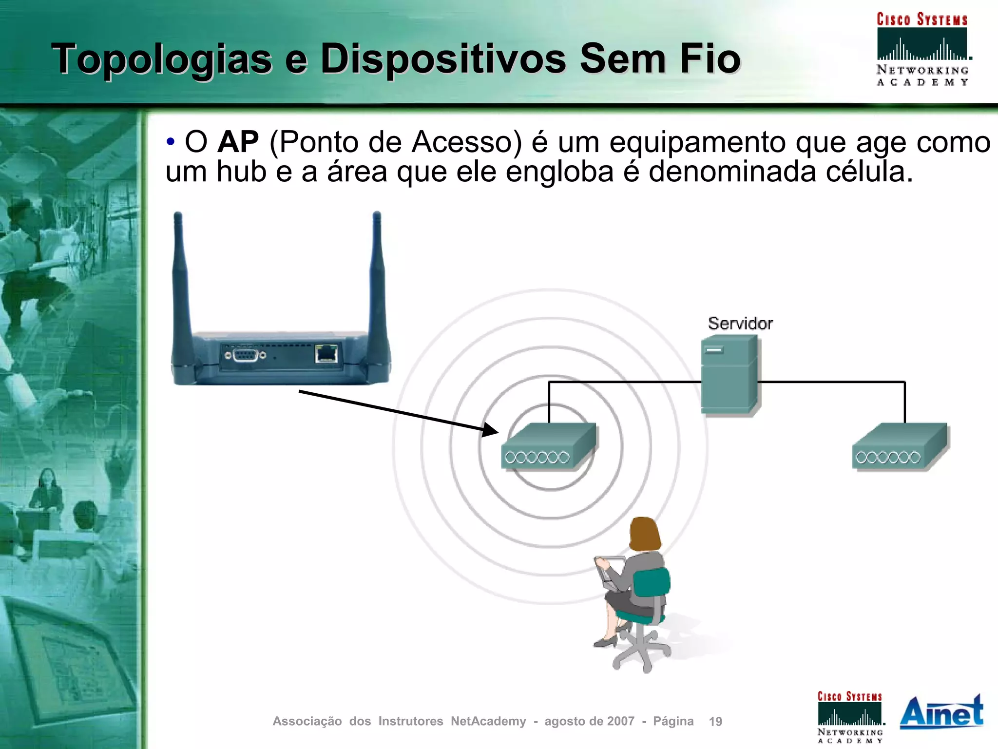 Topologias e Dispositivos Sem Fio
     • O AP (Ponto de Acesso) é um equipamento que age como
     um hub e a área que ele engloba é denominada célula.




            Associação dos Instrutores NetAcademy - agosto de 2007 - Página   19
 