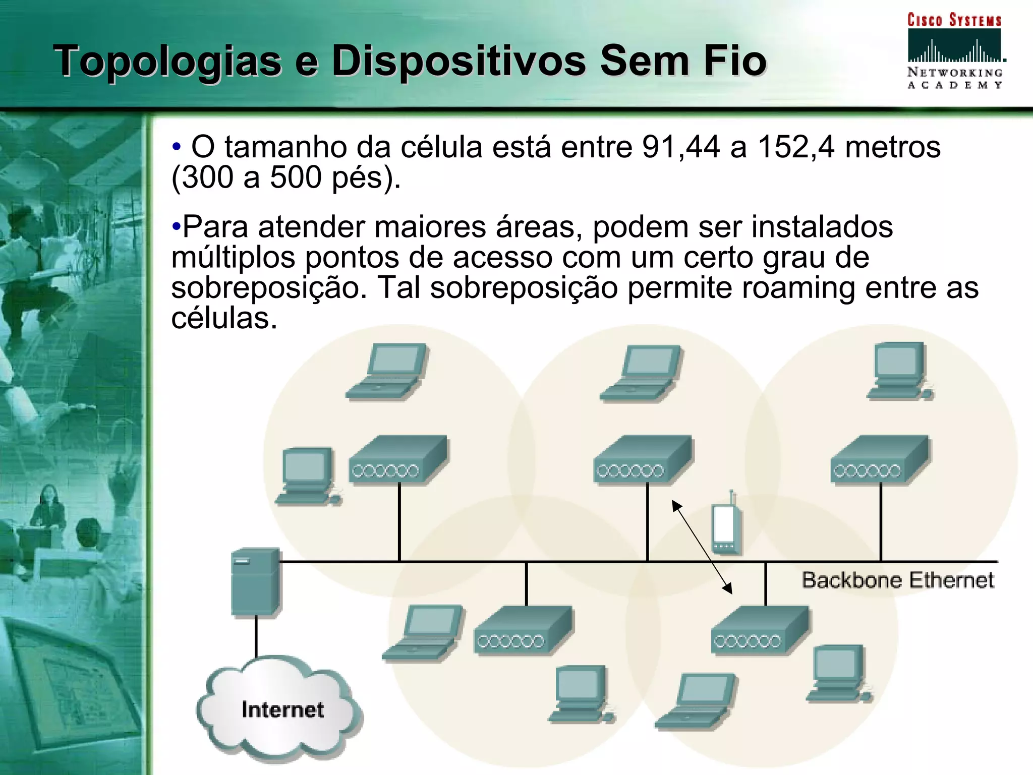 Topologias e Dispositivos Sem Fio
     • O tamanho da célula está entre 91,44 a 152,4 metros
     (300 a 500 pés).
     •Para atender maiores áreas, podem ser instalados
     múltiplos pontos de acesso com um certo grau de
     sobreposição. Tal sobreposição permite roaming entre as
     células.




            Associação dos Instrutores NetAcademy - agosto de 2007 - Página   20
 