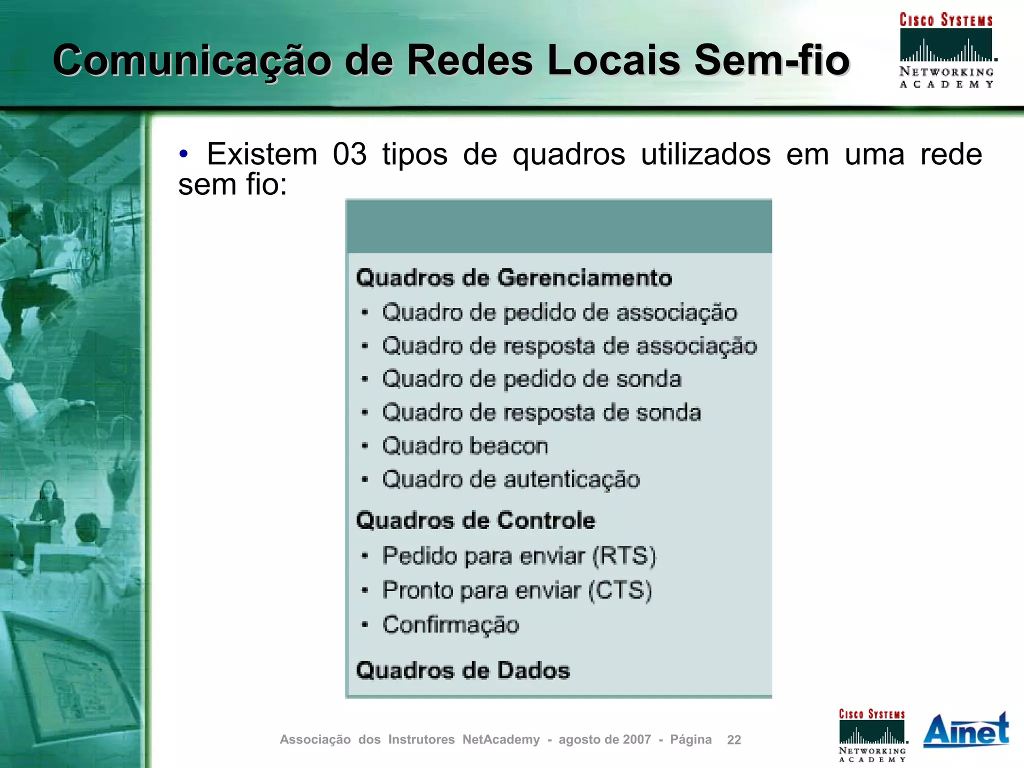 Comunicação de Redes Locais Sem-fio

     • Existem 03 tipos de quadros utilizados em uma rede
     sem fio:




           Associação dos Instrutores NetAcademy - agosto de 2007 - Página   22
 