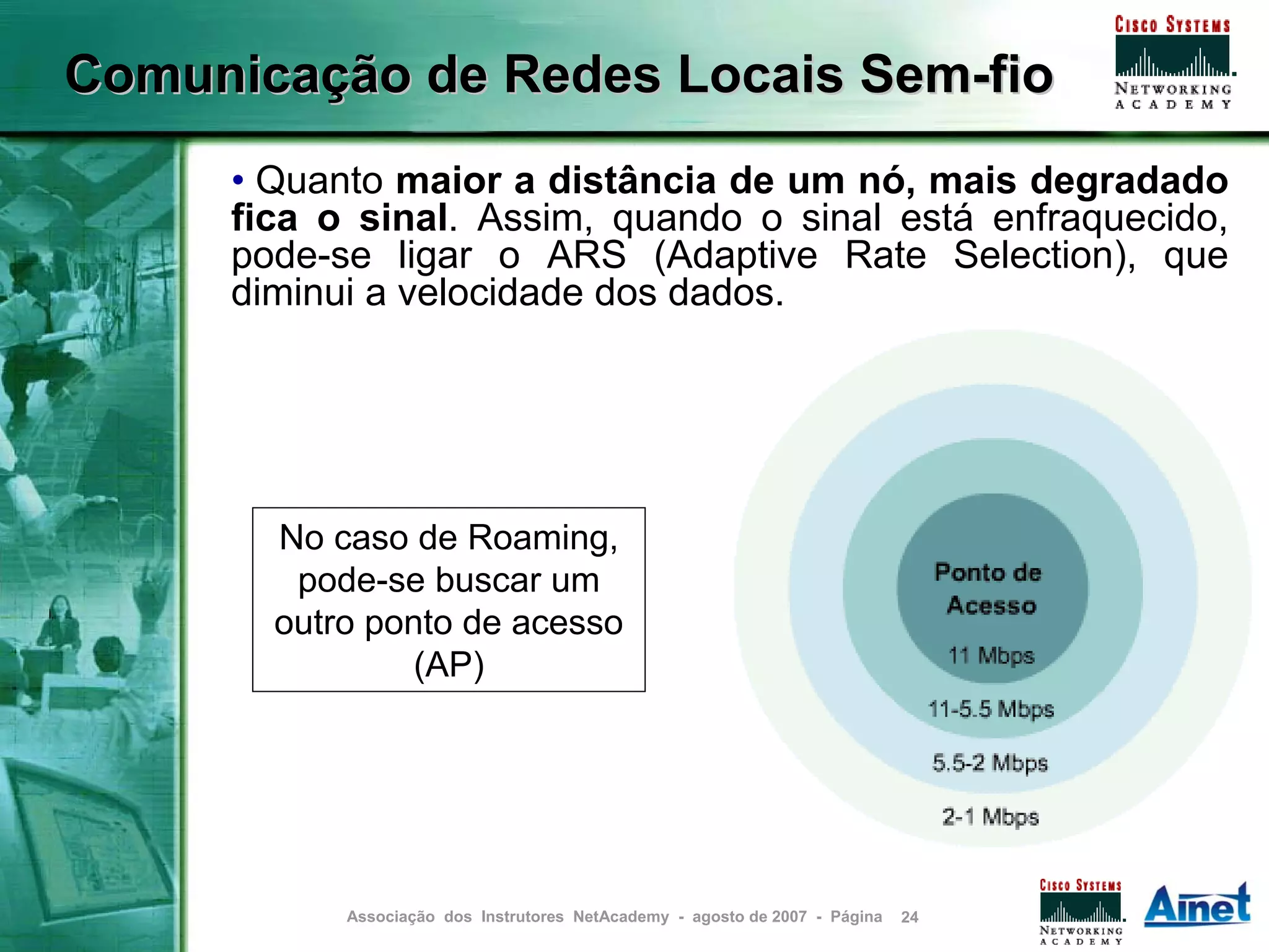 Comunicação de Redes Locais Sem-fio
     • Quanto maior a distância de um nó, mais degradado
     fica o sinal. Assim, quando o sinal está enfraquecido,
     pode-se ligar o ARS (Adaptive Rate Selection), que
     diminui a velocidade dos dados.




       No caso de Roaming,
        pode-se buscar um
       outro ponto de acesso
                (AP)




           Associação dos Instrutores NetAcademy - agosto de 2007 - Página   24
 