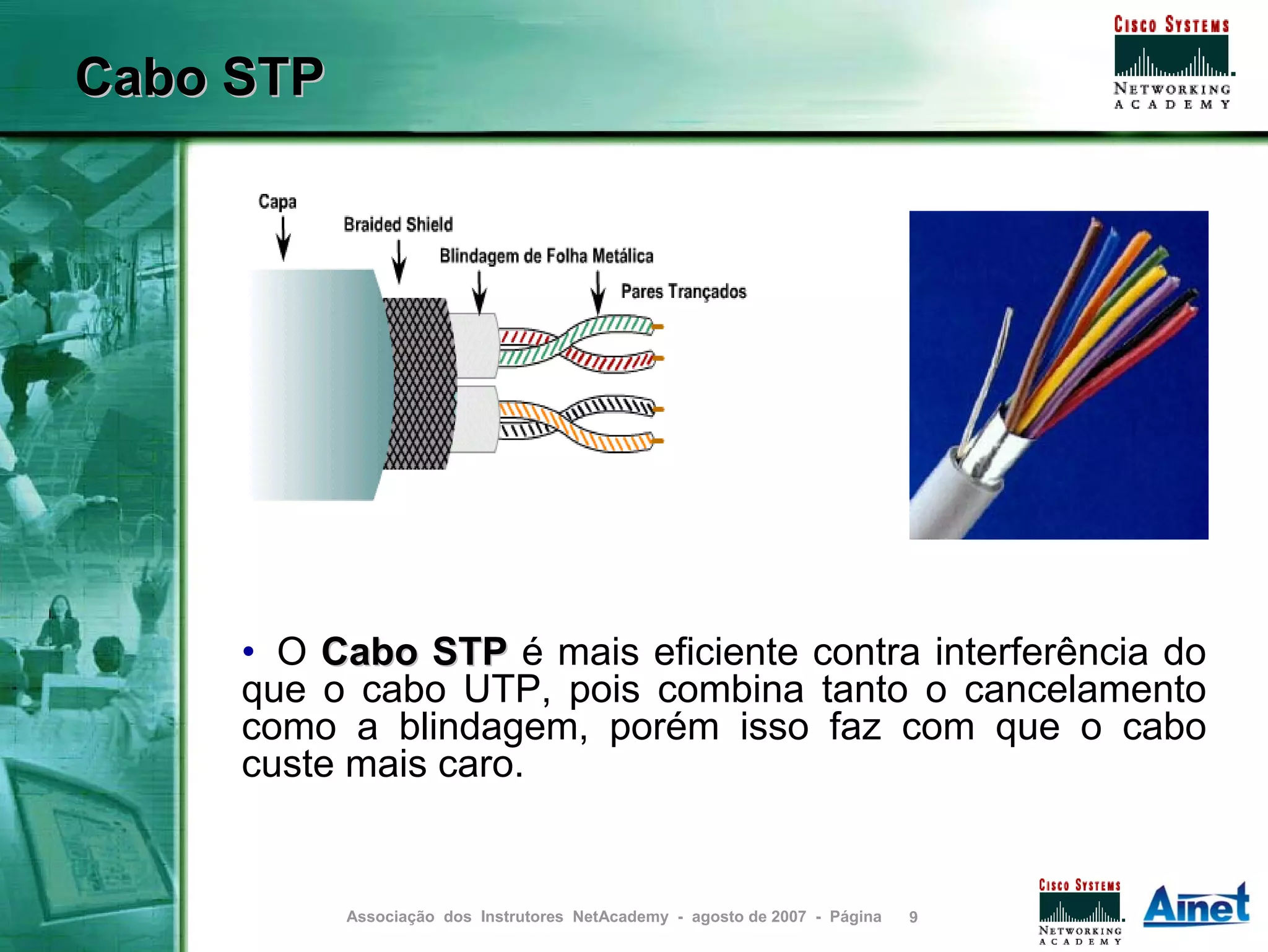 Cabo STP




     • O Cabo STP é mais eficiente contra interferência do
     que o cabo UTP, pois combina tanto o cancelamento
     como a blindagem, porém isso faz com que o cabo
     custe mais caro.


           Associação dos Instrutores NetAcademy - agosto de 2007 - Página   9
 