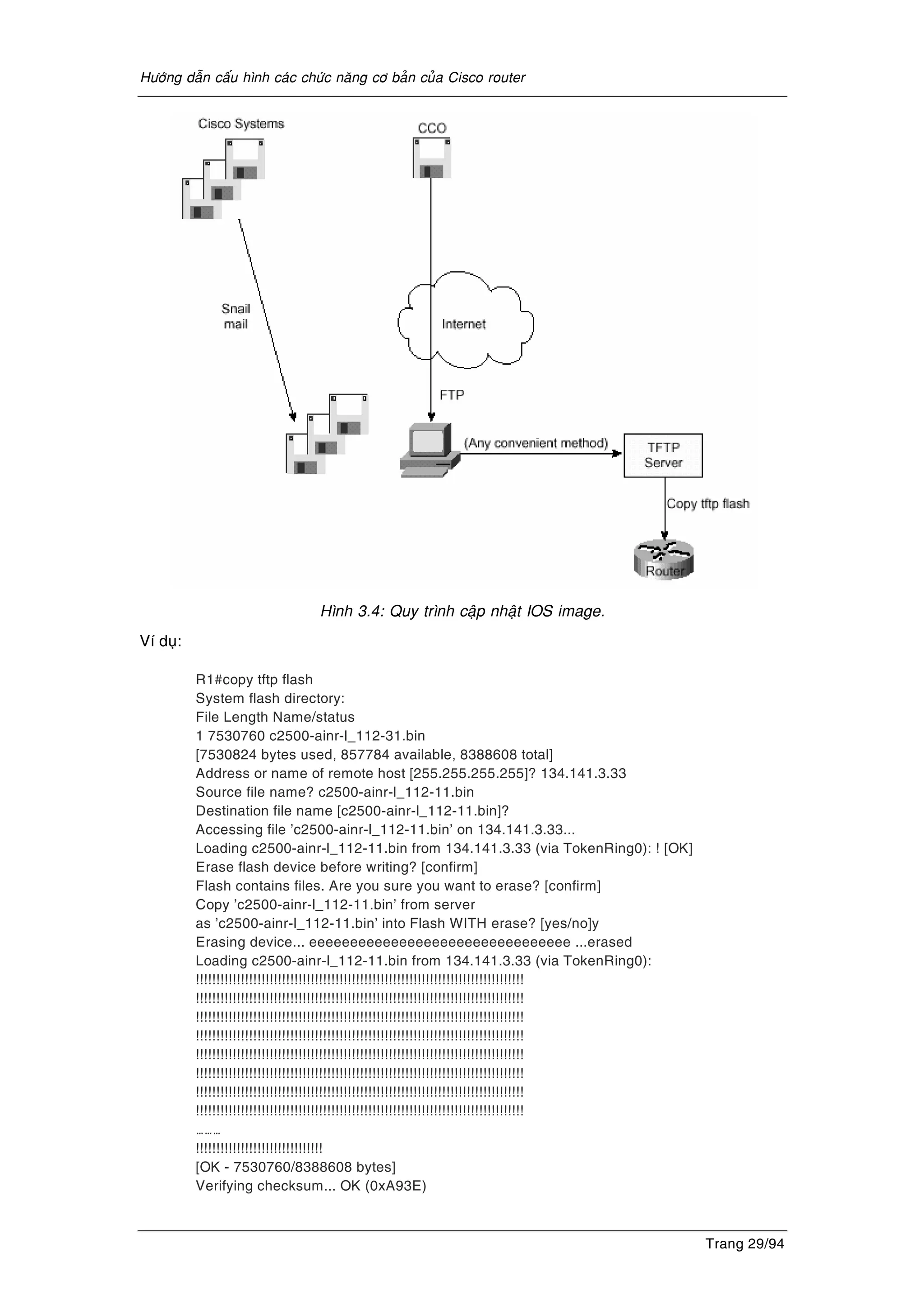 Höôùng daãn caáu hình caùc chöùc naêng cô baûn cuûa Cisco router
Trang 29/94
Hình 3.4: Quy trình caäp nhaät IOS image.
Ví duï:
R1#copy tftp flash
System flash directory:
File Length Name/status
1 7530760 c2500-ainr-l_112-31.bin
[7530824 bytes used, 857784 available, 8388608 total]
Address or name of remote host [255.255.255.255]? 134.141.3.33
Source file name? c2500-ainr-l_112-11.bin
Destination file name [c2500-ainr-l_112-11.bin]?
Accessing file ’c2500-ainr-l_112-11.bin’ on 134.141.3.33...
Loading c2500-ainr-l_112-11.bin from 134.141.3.33 (via TokenRing0): ! [OK]
Erase flash device before writing? [confirm]
Flash contains files. Are you sure you want to erase? [confirm]
Copy ’c2500-ainr-l_112-11.bin’ from server
as ’c2500-ainr-l_112-11.bin’ into Flash WITH erase? [yes/no]y
Erasing device... eeeeeeeeeeeeeeeeeeeeeeeeeeeeeeee ...erased
Loading c2500-ainr-l_112-11.bin from 134.141.3.33 (via TokenRing0):
!!!!!!!!!!!!!!!!!!!!!!!!!!!!!!!!!!!!!!!!!!!!!!!!!!!!!!!!!!!!!!!!!!!!!!!!!!!!!!!!
!!!!!!!!!!!!!!!!!!!!!!!!!!!!!!!!!!!!!!!!!!!!!!!!!!!!!!!!!!!!!!!!!!!!!!!!!!!!!!!!
!!!!!!!!!!!!!!!!!!!!!!!!!!!!!!!!!!!!!!!!!!!!!!!!!!!!!!!!!!!!!!!!!!!!!!!!!!!!!!!!
!!!!!!!!!!!!!!!!!!!!!!!!!!!!!!!!!!!!!!!!!!!!!!!!!!!!!!!!!!!!!!!!!!!!!!!!!!!!!!!!
!!!!!!!!!!!!!!!!!!!!!!!!!!!!!!!!!!!!!!!!!!!!!!!!!!!!!!!!!!!!!!!!!!!!!!!!!!!!!!!!
!!!!!!!!!!!!!!!!!!!!!!!!!!!!!!!!!!!!!!!!!!!!!!!!!!!!!!!!!!!!!!!!!!!!!!!!!!!!!!!!
!!!!!!!!!!!!!!!!!!!!!!!!!!!!!!!!!!!!!!!!!!!!!!!!!!!!!!!!!!!!!!!!!!!!!!!!!!!!!!!!
!!!!!!!!!!!!!!!!!!!!!!!!!!!!!!!!!!!!!!!!!!!!!!!!!!!!!!!!!!!!!!!!!!!!!!!!!!!!!!!!
………
!!!!!!!!!!!!!!!!!!!!!!!!!!!!!!!
[OK - 7530760/8388608 bytes]
Verifying checksum... OK (0xA93E)
 
