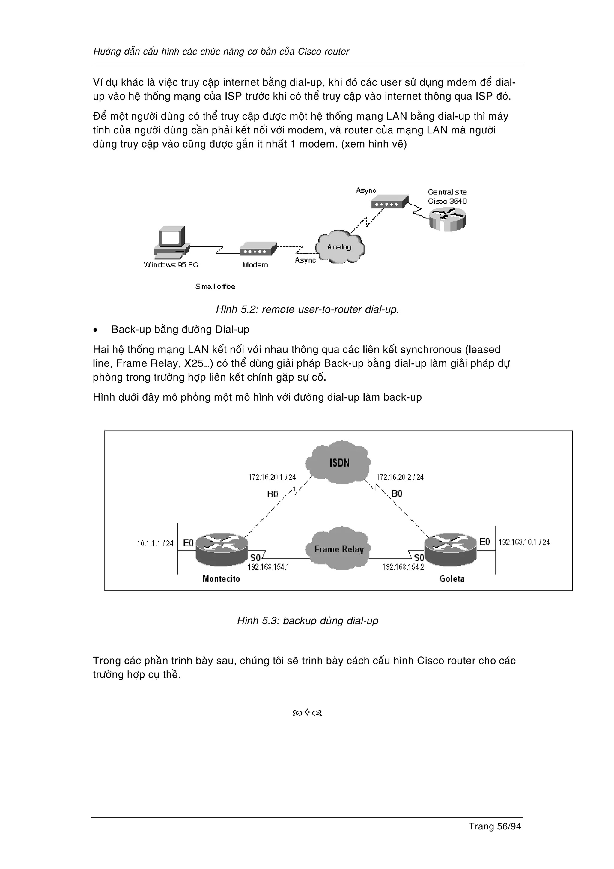 Höôùng daãn caáu hình caùc chöùc naêng cô baûn cuûa Cisco router
Trang 56/94
Ví duï khaùc laø vieäc truy caäp internet baèng dial-up, khi ñoù caùc user söû duïng mdem ñeå dial-
up vaøo heä thoáng maïng cuûa ISP tröôùc khi coù theå truy caäp vaøo internet thoâng qua ISP ñoù.
Ñeå moät ngöôøi duøng coù theå truy caäp ñöôïc moät heä thoáng maïng LAN baèng dial-up thì maùy
tính cuûa ngöôøi duøng caàn phaûi keát noái vôùi modem, vaø router cuûa maïng LAN maø ngöôøi
duøng truy caäp vaøo cuõng ñöôïc gaén ít nhaát 1 modem. (xem hình veõ)
Hình 5.2: remote user-to-router dial-up.
• Back-up baèng ñöôøng Dial-up
Hai heä thoáng maïng LAN keát noái vôùi nhau thoâng qua caùc lieân keát synchronous (leased
line, Frame Relay, X25…) coù theå duøng giaûi phaùp Back-up baèng dial-up laøm giaûi phaùp döï
phoøng trong tröôøng hôïp lieân keát chính gaëp söï coá.
Hình döôùi ñaây moâ phoûng moät moâ hình vôùi ñöôøng dial-up laøm back-up
Hình 5.3: backup duøng dial-up
Trong caùc phaàn trình baøy sau, chuùng toâi seõ trình baøy caùch caáu hình Cisco router cho caùc
tröôøng hôïp cuï theà.
 