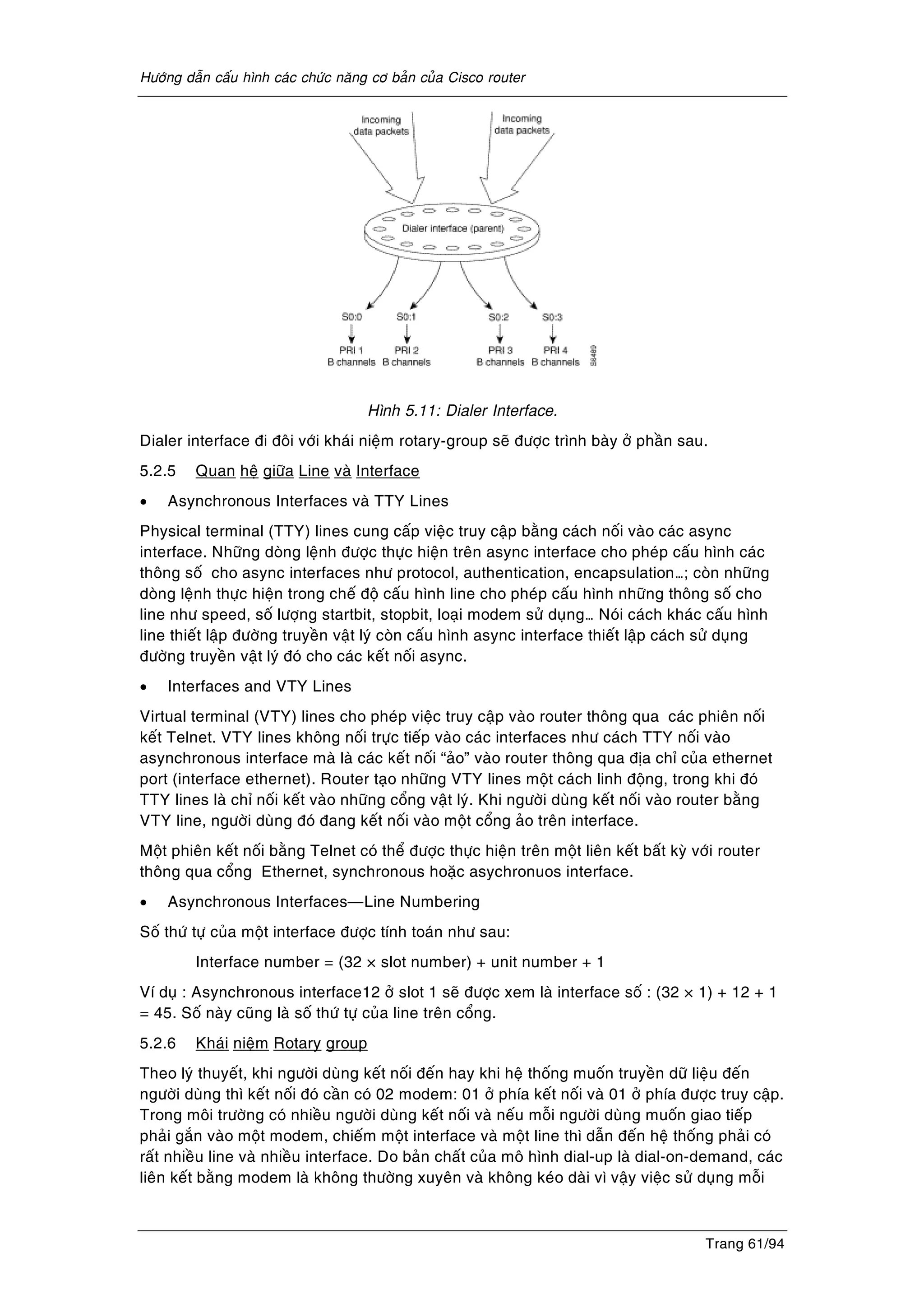 Höôùng daãn caáu hình caùc chöùc naêng cô baûn cuûa Cisco router
Trang 61/94
Hình 5.11: Dialer Interface.
Dialer interface ñi ñoâi vôùi khaùi nieäm rotary-group seõ ñöôïc trình baøy ôû phaàn sau.
5.2.5 Quan heä giöõa Line vaø Interface
• Asynchronous Interfaces vaø TTY Lines
Physical terminal (TTY) lines cung caáp vieäc truy caäp baèng caùch noái vaøo caùc async
interface. Nhöõng doøng leänh ñöôïc thöïc hieän treân async interface cho pheùp caáu hình caùc
thoâng soá cho async interfaces nhö protocol, authentication, encapsulation…; coøn nhöõng
doøng leänh thöïc hieän trong cheá ñoä caáu hình line cho pheùp caáu hình nhöõng thoâng soá cho
line nhö speed, soá löôïng startbit, stopbit, loaïi modem söû duïng… Noùi caùch khaùc caáu hình
line thieát laäp ñöôøng truyeàn vaät lyù coøn caáu hình async interface thieát laäp caùch söû duïng
ñöôøng truyeàn vaät lyù ñoù cho caùc keát noái async.
• Interfaces and VTY Lines
Virtual terminal (VTY) lines cho pheùp vieäc truy caäp vaøo router thoâng qua caùc phieân noái
keát Telnet. VTY lines khoâng noái tröïc tieáp vaøo caùc interfaces nhö caùch TTY noái vaøo
asynchronous interface maø laø caùc keát noái “aûo” vaøo router thoâng qua ñòa chæ cuûa ethernet
port (interface ethernet). Router taïo nhöõng VTY lines moät caùch linh ñoäng, trong khi ñoù
TTY lines laø chæ noái keát vaøo nhöõng coång vaät lyù. Khi ngöôøi duøng keát noái vaøo router baèng
VTY line, ngöôøi duøng ñoù ñang keát noái vaøo moät coång aûo treân interface.
Moät phieân keát noái baèng Telnet coù theå ñöôïc thöïc hieän treân moät lieân keát baát kyø vôùi router
thoâng qua coång Ethernet, synchronous hoaëc asychronuos interface.
• Asynchronous Interfaces—Line Numbering
Soá thöù töï cuûa moät interface ñöôïc tính toaùn nhö sau:
Interface number = (32 × slot number) + unit number + 1
Ví duï : Asynchronous interface12 ôû slot 1 seõ ñöôïc xem laø interface soá : (32 × 1) + 12 + 1
= 45. Soá naøy cuõng laø soá thöù töï cuûa line treân coång.
5.2.6 Khaùi nieäm Rotary group
Theo lyù thuyeát, khi ngöôøi duøng keát noái ñeán hay khi heä thoáng muoán truyeàn döõ lieäu ñeán
ngöôøi duøng thì keát noái ñoù caàn coù 02 modem: 01 ôû phía keát noái vaø 01 ôû phía ñöôïc truy caäp.
Trong moâi tröôøng coù nhieàu ngöôøi duøng keát noái vaø neáu moãi ngöôøi duøng muoán giao tieáp
phaûi gaén vaøo moät modem, chieám moät interface vaø moät line thì daãn ñeán heä thoáng phaûi coù
raát nhieàu line vaø nhieàu interface. Do baûn chaát cuûa moâ hình dial-up laø dial-on-demand, caùc
lieân keát baèng modem laø khoâng thöôøng xuyeân vaø khoâng keùo daøi vì vaäy vieäc söû duïng moãi
 