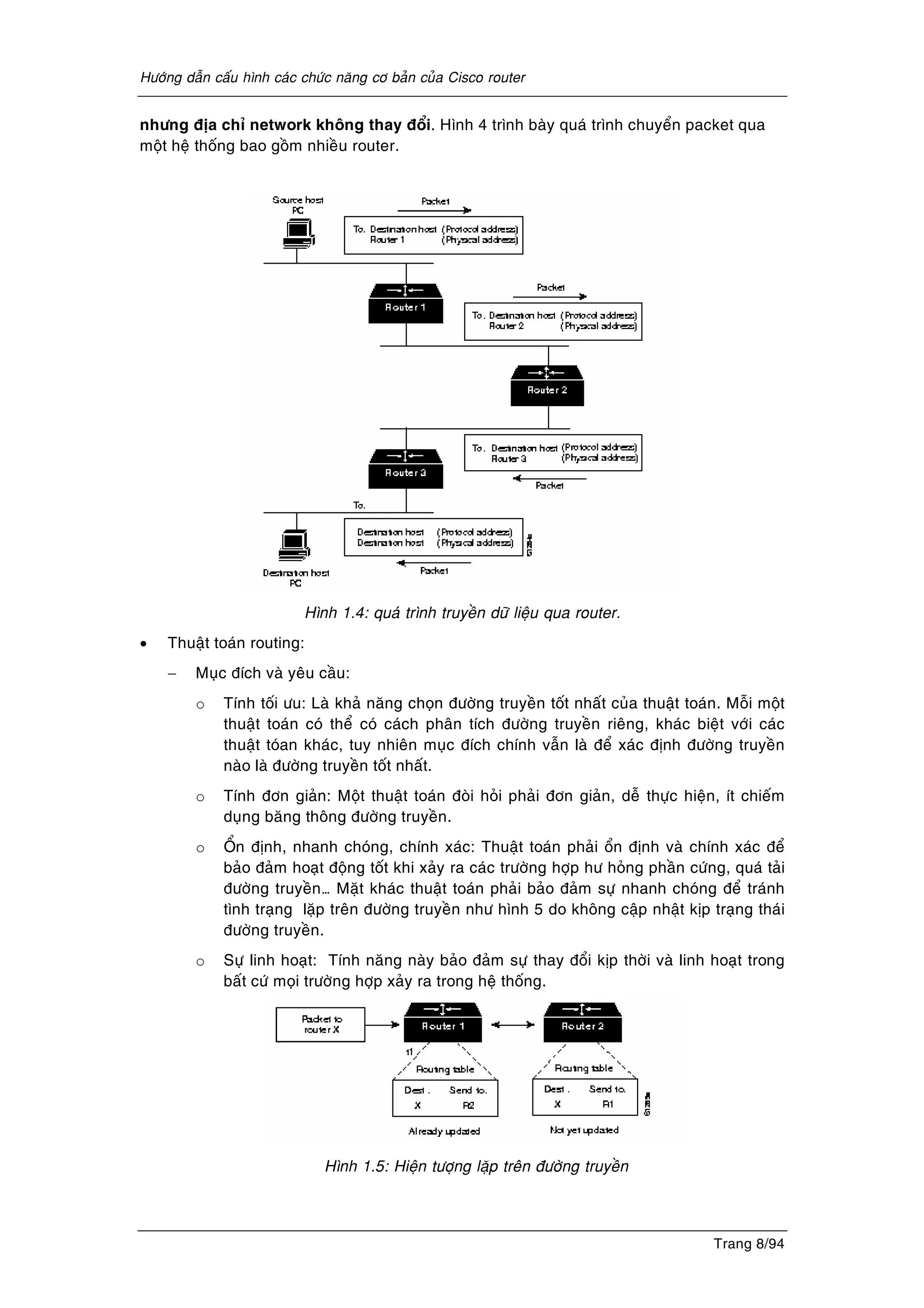 Höôùng daãn caáu hình caùc chöùc naêng cô baûn cuûa Cisco router
Trang 8/94
nhöng ñòa chæ network khoâng thay ñoåi. Hình 4 trình baøy quaù trình chuyeån packet qua
moät heä thoáng bao goàm nhieàu router.
Hình 1.4: quaù trình truyeàn döõ lieäu qua router.
• Thuaät toaùn routing:
− Muïc ñích vaø yeâu caàu:
o Tính toái öu: Laø khaû naêng choïn ñöôøng truyeàn toát nhaát cuûa thuaät toaùn. Moãi moät
thuaät toaùn coù theå coù caùch phaân tích ñöôøng truyeàn rieâng, khaùc bieät vôùi caùc
thuaät toùan khaùc, tuy nhieân muïc ñích chính vaãn laø ñeå xaùc ñònh ñöôøng truyeàn
naøo laø ñöôøng truyeàn toát nhaát.
o Tính ñôn giaûn: Moät thuaät toaùn ñoøi hoûi phaûi ñôn giaûn, deã thöïc hieän, ít chieám
duïng baêng thoâng ñöôøng truyeàn.
o OÅn ñònh, nhanh choùng, chính xaùc: Thuaät toaùn phaûi oån ñònh vaø chính xaùc ñeå
baûo ñaûm hoaït ñoäng toát khi xaûy ra caùc tröôøng hôïp hö hoûng phaàn cöùng, quaù taûi
ñöôøng truyeàn… Maët khaùc thuaät toaùn phaûi baûo ñaûm söï nhanh choùng ñeå traùnh
tình traïng laëp treân ñöôøng truyeàn nhö hình 5 do khoâng caäp nhaät kòp traïng thaùi
ñöôøng truyeàn.
o Söï linh hoaït: Tính naêng naøy baûo ñaûm söï thay ñoåi kòp thôøi vaø linh hoaït trong
baát cöù moïi tröôøng hôïp xaûy ra trong heä thoáng.
Hình 1.5: Hieän töôïng laëp treân ñöôøng truyeàn
 