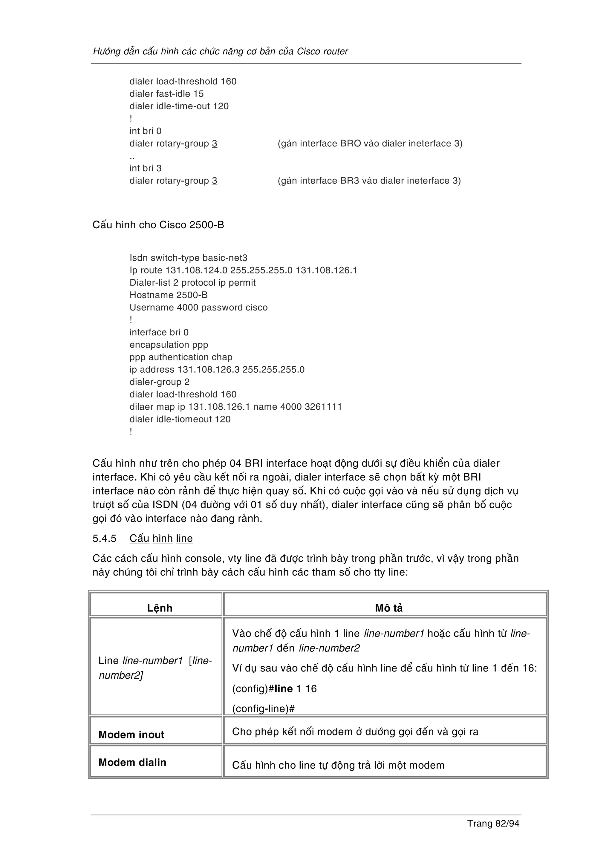 Höôùng daãn caáu hình caùc chöùc naêng cô baûn cuûa Cisco router
Trang 82/94
dialer load-threshold 160
dialer fast-idle 15
dialer idle-time-out 120
!
int bri 0
dialer rotary-group 3 (gaùn interface BRO vaøo dialer ineterface 3)
..
int bri 3
dialer rotary-group 3 (gaùn interface BR3 vaøo dialer ineterface 3)
Caáu hình cho Cisco 2500-B
Isdn switch-type basic-net3
Ip route 131.108.124.0 255.255.255.0 131.108.126.1
Dialer-list 2 protocol ip permit
Hostname 2500-B
Username 4000 password cisco
!
interface bri 0
encapsulation ppp
ppp authentication chap
ip address 131.108.126.3 255.255.255.0
dialer-group 2
dialer load-threshold 160
dilaer map ip 131.108.126.1 name 4000 3261111
dialer idle-tiomeout 120
!
Caáu hình nhö treân cho pheùp 04 BRI interface hoaït ñoäng döôùi söï ñieàu khieån cuûa dialer
interface. Khi coù yeâu caàu keát noái ra ngoaøi, dialer interface seõ choïn baát kyø moät BRI
interface naøo coøn raûnh ñeå thöïc hieän quay soá. Khi coù cuoäc goïi vaøo vaø neáu söû duïng dòch vuï
tröôït soá cuûa ISDN (04 ñöôøng vôùi 01 soá duy nhaát), dialer interface cuõng seõ phaân boá cuoäc
goïi ñoù vaøo interface naøo ñang raûnh.
5.4.5 Caáu hình line
Caùc caùch caáu hình console, vty line ñaõ ñöôïc trình baøy trong phaàn tröôùc, vì vaäy trong phaàn
naøy chuùng toâi chæ trình baøy caùch caáu hình caùc tham soá cho tty line:
Leänh Moâ taû
Line line-number1 [line-
number2]
Vaøo cheá ñoä caáu hình 1 line line-number1 hoaëc caáu hình töø line-
number1 ñeán line-number2
Ví duï sau vaøo cheá ñoä caáu hình line ñeå caáu hình töø line 1 ñeán 16:
(config)#line 1 16
(config-line)#
Modem inout Cho pheùp keát noái modem ôû döôùng goïi ñeán vaø goïi ra
Modem dialin Caáu hình cho line töï ñoäng traû lôøi moät modem
 
