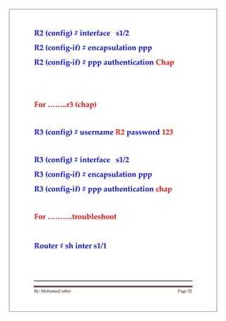 By: Mohamed saber Page 52
R2 (config) # interface s1/2
R2 (config-if) # encapsulation ppp
R2 (config-if) # ppp authenticat...
