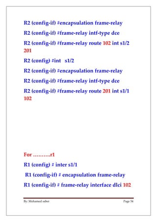 By: Mohamed saber Page 54
R2 (config-if) #encapsulation frame-relay
R2 (config-if) #frame-relay intf-type dce
R2 (config-i...