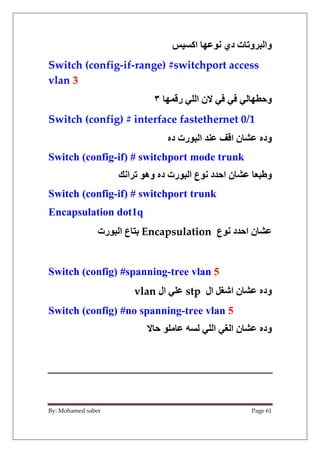 By: Mohamed saber Page 61
Y 1‫اآ‬ :9 . ‫دي‬ ‫ت‬ ‫و‬ F ‫وا‬
Switch (config-if-range) #switchport access
vlan 3
:+ ‫ر‬ L ‫ا‬...