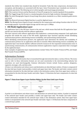 standards that define how standard data should be formatted. Tasks like data compression, decompression,
encryption, and decryption are associated with this layer. Some Presentation layer standards are involved in
multimedia operations. The following serve to direct graphic and visual image presentation:
PICT: This is picture format used by Macintosh or PowerPC programs for transferring Quick Draw graphics.
TIFF: The Tagged Image File Format is a standard graphics format for high-resolution, bitmapped images.
JPEG: The Joint Photographic Experts Group brings these photo standards to us. Other standards guide movies
and sound.
MIDI: The Musical Instrument Digital Interface is used for digitized music.
MPEG: The Moving Picture Experts Group’s standard for the compression and coding of motion video for CDs is
increasingly popular. It provides digital storage and bit rates up to 1.5Mbps .
• OSI Model Application Layer
The application layer is the OSI layer closest to the end user, which means that both the OSI application layer
and the user interact directly with the software application.
This layer interacts with software applications that implement a communicating component. Such application
programs fall outside the scope of the OSI model. Application layer functions typically include identifying
communication partners, determining resource availability, and synchronizing communication.
When identifying communication partners, the application layer determines the identity and availability of
communication partners for an application with data to transmit. When determining resource availability, the
application layer must decide whether sufficient network resources for the requested communication exist. In
synchronizing communication, all communication between applications requires cooperation that is managed
by the application layer.
Some examples of application layer implementations include Telnet, File Transfer Protocol (FTP), and Simple
Mail Transfer Protocol (SMTP).


Information Formats
The data and control information that is transmitted through internetworks takes a variety of forms. The terms
used to refer to these information formats are not used consistently in the internetworking industry but
sometimes are used interchangeably. Common information formats include frames, packets, datagrams,
segments, messages, cells, and data units.
A frame is an information unit whose source and destination are data link layer entities. A frame is composed of
the data link layer header (and possibly a trailer) and upper-layer data. The header and trailer contain control
information intended for the data link layer entity in the destination system. Data from upper-layer entities is
encapsulated in the data link layer header and trailer. Figure 1-9 illustrates the basic components of a data link
layer frame.

Figure 7: Data from Upper-Layer Entities Makes Up the Data Link Layer Frame




                                                    Figure 7
A packet is an information unit whose source and destination are network layer entities. A packet is composed
of the network layer header (and possibly a trailer) and upper-layer data. The header and trailer contain
control information intended for the network layer entity in the destination system. Data from upper-layer
entities is encapsulated in the network layer header and trailer. Figure 1-10 illustrates the basic components of
a network layer packet.



The Technical Zone                                                                                       Page 10
 