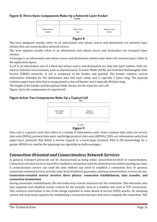 Figure 8: Three Basic Components Make Up a Network Layer Packet




                                                    Figure 8
The term datagram usually refers to an information unit whose source and destination are network layer
entities that use connectionless network service.
The term segment usually refers to an information unit whose source and destination are transport layer
entities.
A message is an information unit whose source and destination entities exist above the network layer (often at
the application layer).
A cell is an information unit of a fixed size whose source and destination are data link layer entities. Cells are
used in switched environments, such as Asynchronous Transfer Mode (ATM) and Switched Multimegabit Data
Service (SMDS) networks. A cell is composed of the header and payload. The header contains control
information intended for the destination data link layer entity and is typically 5 bytes long. The payload
contains upper-layer data that is encapsulated in the cell header and is typically 48 bytes long.
The length of the header and the payload fields always are the same for each cell.
Figure 1picts the components of a typical cell.

Figure below Two Components Make Up a Typical Cell




                                                    Figure 9
Data unit is a generic term that refers to a variety of information units. Some common data units are service
data units (SDUs), protocol data units, and bridge protocol data units (BPDUs). SDUs are information units from
upper-layer protocols that define a service request to a lower-layer protocol. PDU is OSI terminology for a
packet. BPDUs are used by the spanning-tree algorithm as hello messages .


Connection-Oriented and Connectionless Network Services
In general, transport protocols can be characterized as being either connection-oriented or connectionless.
Connection-oriented services must first establish a connection with the desired service before passing any data.
A connectionless service can send the data without any need to establish a connection first. In general,
connection-oriented services provide some level of delivery guarantee, whereas connectionless services do not.
Connection-oriented service involves three phases: connection establishment, data transfer, and
connection termination.
During connection establishment, the end nodes may reserve resources for the connection. The end nodes also
may negotiate and establish certain criteria for the transfer, such as a window size used in TCP connections.
This resource reservation is one of the things exploited in some denial of service (DOS) attacks. An attacking
system will send many requests for establishing a connection but then will never complete the connection. The



The Technical Zone                                                                                       Page 11
 