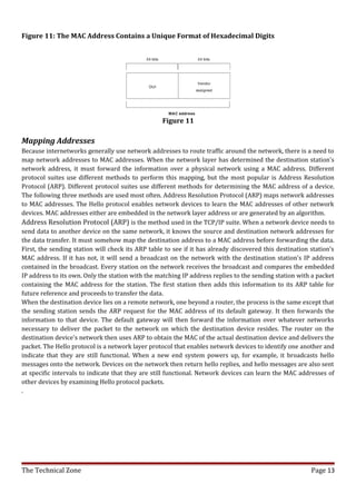 Figure 11: The MAC Address Contains a Unique Format of Hexadecimal Digits




                                                   Figure 11

Mapping Addresses
Because internetworks generally use network addresses to route traffic around the network, there is a need to
map network addresses to MAC addresses. When the network layer has determined the destination station's
network address, it must forward the information over a physical network using a MAC address. Different
protocol suites use different methods to perform this mapping, but the most popular is Address Resolution
Protocol (ARP). Different protocol suites use different methods for determining the MAC address of a device.
The following three methods are used most often. Address Resolution Protocol (ARP) maps network addresses
to MAC addresses. The Hello protocol enables network devices to learn the MAC addresses of other network
devices. MAC addresses either are embedded in the network layer address or are generated by an algorithm.
Address Resolution Protocol (ARP) is the method used in the TCP/IP suite. When a network device needs to
send data to another device on the same network, it knows the source and destination network addresses for
the data transfer. It must somehow map the destination address to a MAC address before forwarding the data.
First, the sending station will check its ARP table to see if it has already discovered this destination station's
MAC address. If it has not, it will send a broadcast on the network with the destination station's IP address
contained in the broadcast. Every station on the network receives the broadcast and compares the embedded
IP address to its own. Only the station with the matching IP address replies to the sending station with a packet
containing the MAC address for the station. The first station then adds this information to its ARP table for
future reference and proceeds to transfer the data.
When the destination device lies on a remote network, one beyond a router, the process is the same except that
the sending station sends the ARP request for the MAC address of its default gateway. It then forwards the
information to that device. The default gateway will then forward the information over whatever networks
necessary to deliver the packet to the network on which the destination device resides. The router on the
destination device's network then uses ARP to obtain the MAC of the actual destination device and delivers the
packet. The Hello protocol is a network layer protocol that enables network devices to identify one another and
indicate that they are still functional. When a new end system powers up, for example, it broadcasts hello
messages onto the network. Devices on the network then return hello replies, and hello messages are also sent
at specific intervals to indicate that they are still functional. Network devices can learn the MAC addresses of
other devices by examining Hello protocol packets.
.




The Technical Zone                                                                                       Page 13
 