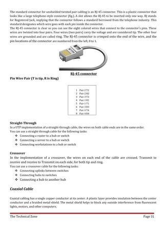 The standard connector for unshielded twisted pair cabling is an RJ-45 connector. This is a plastic connector that
looks like a large telephone-style connector (fig.). A slot allows the RJ-45 to be inserted only one way. RJ stands
for Registered Jack, implying that the connector follows a standard borrowed from the telephone industry. This
standard designates which wire goes with each pin inside the connector.
The RJ-45 connector is clear so you can see the eight colored wires that connect to the connector’s pins. These
wires are twisted into four pairs. Four wires (two pairs) carry the voltage and are considered tip. The other four
wires are grounded and are called ring. The RJ-45 connector is crimped onto the end of the wire, and the
pin locations of the connector are numbered from the left, 8 to 1.




                                               RJ-45 connector
Pin Wire Pair (T is tip, R is Ring)


                                                   1     Pair 2 T2
                                                   2     Pair 2 R2
                                                   3     Pair 3 T3
                                                   4     Pair 1 R1
                                                   5     Pair 1 T1
                                                   6     Pair 3 R3
                                                   7     Pair 4 T4
                                                   8     Pair 4 R4


Straight-Through
In a UTP implementation of a straight-through cable, the wires on both cable ends are in the same order.
You can use a straight-through cable for the following tasks:
     Connecting a router to a hub or switch
     Connecting a server to a hub or switch
     Connecting workstations to a hub or switch

Crossover
In the implementation of a crossover, the wires on each end of the cable are crossed. Transmit to
receive and receive to Transmit on each side, for both tip and ring.
You can use a crossover cable for the following tasks:
    Connecting uplinks between switches
    Connecting hubs to switches
    Connecting a hub to another hub

Coaxial Cable

Coaxial cabling has a single copper conductor at its center. A plastic layer provides insulation between the center
conductor and a braided metal shield. The metal shield helps to block any outside interference from fluorescent
lights, motors, and other computers.


The Technical Zone                                                                                      Page 31
 