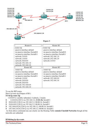 Figure 3

                         Router 0                         Router R1
           router rip                         router rip
            passive-interface default          passive-interface default
            no passive-interface Serial0/0     no passive-interface Serial0/0
            no passive-interface Serial0/1     no passive-interface Serial0/1
            network 3.0.0.0                    network 192.168.1.0
            network 1.0.0.0                    network 192.168.2.0
            network 30.0.0.0                   network 2.0.0.0
            network 192.168.1.0
            network 192.168.3.0
                        Router R2                          Router R3
            router rip                         router rip
            passive-interface default          passive-interface default
            no passive-interface Serial0/0     no passive-interface Serial0/0
            no passive-interface Serial0/1     no passive-interface Serial0/1
            network 1.0.0.0                    network 192.168.0.0
            network 10.0.0.0                   network 192.168.3.0
            network 20.0.0.0
            network 192.168.0.0
            network 192.168.2.0

To see the RIP routes
Show ip route rip (Output of R0 )
R0#sh ip route rip
   1.0.0.0/8 is variably subnetted, 4 subnets, 2 masks
R     1.0.0.0/8 [120/1] via 192.168.3.2, 00:01:36, Serial0/1
R 20.0.0.0/8 [120/1] via 192.168.3.2, 00:00:16, Serial0/1
R 10.0.0.0/8 [120/1] via 192.168.3.2, 00:00:16, Serial0/1
R 192.168.0.0/24 [120/1] via 192.168.3.2, 00:00:16, Serial0/1
R 192.168.2.0/24 [120/1] via 192.168.3.2, 00:00:16, Serial0/1
 As from above command one can clearly see the Routing Table contain Classfull Networks though all the
networks are subnetted


R3#debug ip rip events
The Technical Zone                                                                            Page 71
 