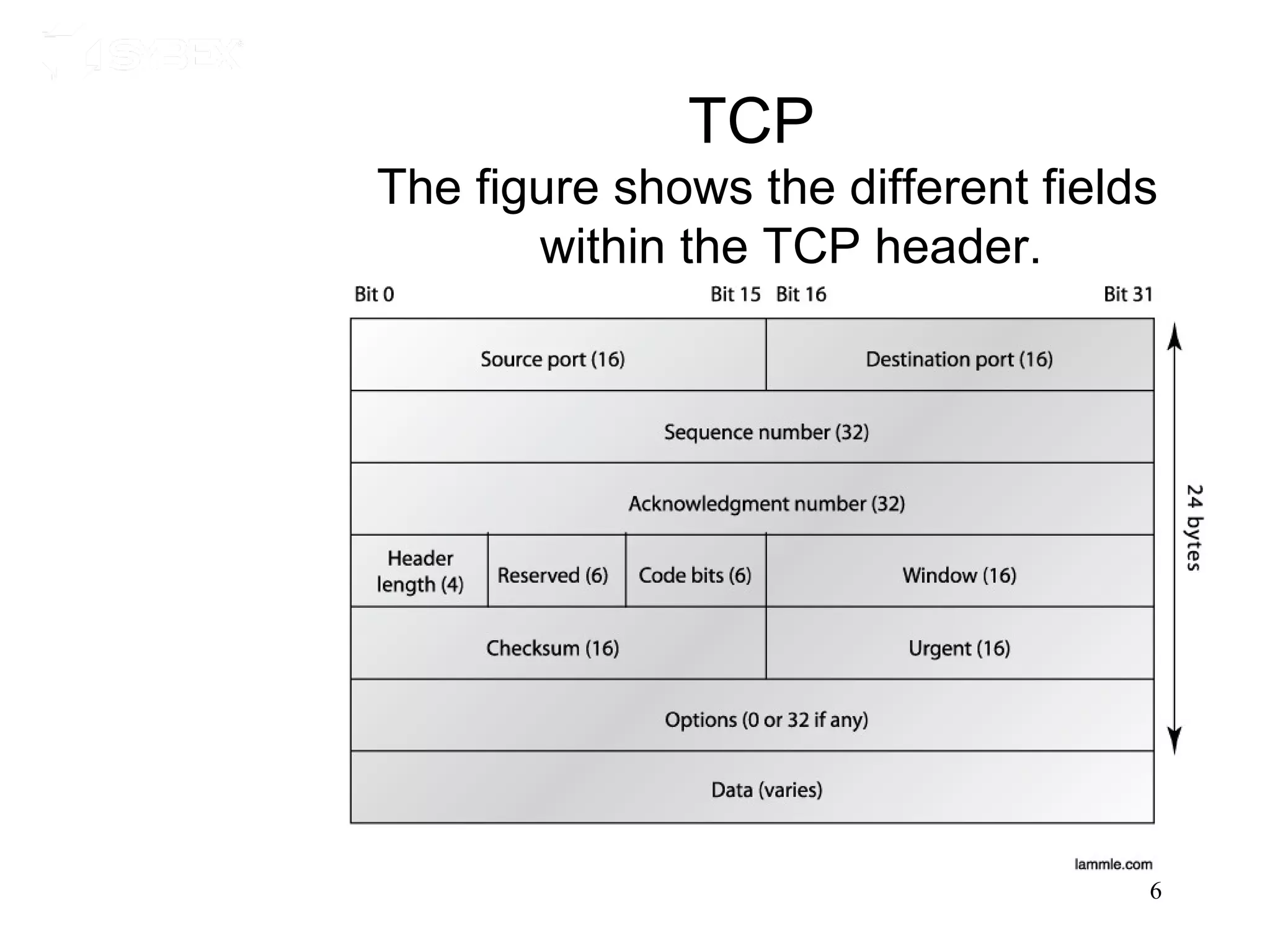 TCP
The figure shows the different fields
       within the TCP header.




                                    6
 