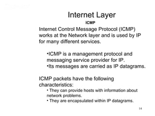 Internet Layer
                       ICMP
Internet Control Message Protocol (ICMP)
works at the Network layer and is used by IP
for many different services.

   •ICMP is a management protocol and
   messaging service provider for IP.
   •Its messages are carried as IP datagrams.

ICMP packets have the following
characteristics:
   • They can provide hosts with information about
   network problems.
   • They are encapsulated within IP datagrams.
                                                     14
 