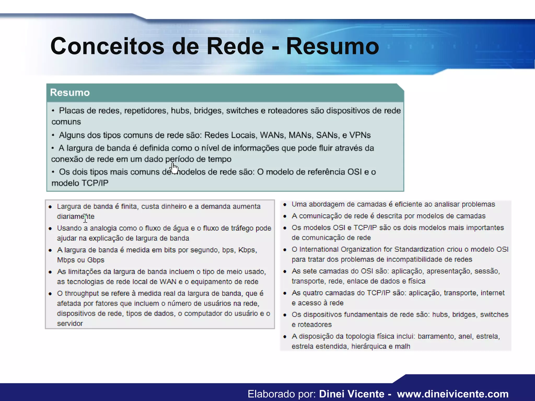 Conceitos de Rede - Resumo Elaborado por:  Dinei Vicente -  www.dineivicente.com 