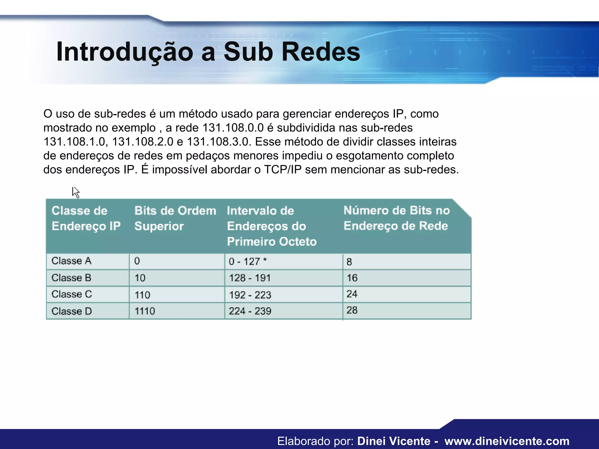 Introdução a Sub Redes O uso de sub-redes é um método usado para gerenciar endereços IP, como mostrado no exemplo , a rede 131.108.0.0 é subdividida nas sub-redes 131.108.1.0, 131.108.2.0 e 131.108.3.0. Esse método de dividir classes inteiras de endereços de redes em pedaços menores impediu o esgotamento completo dos endereços IP. É impossível abordar o TCP/IP sem mencionar as sub-redes.  Elaborado por:  Dinei Vicente -  www.dineivicente.com 