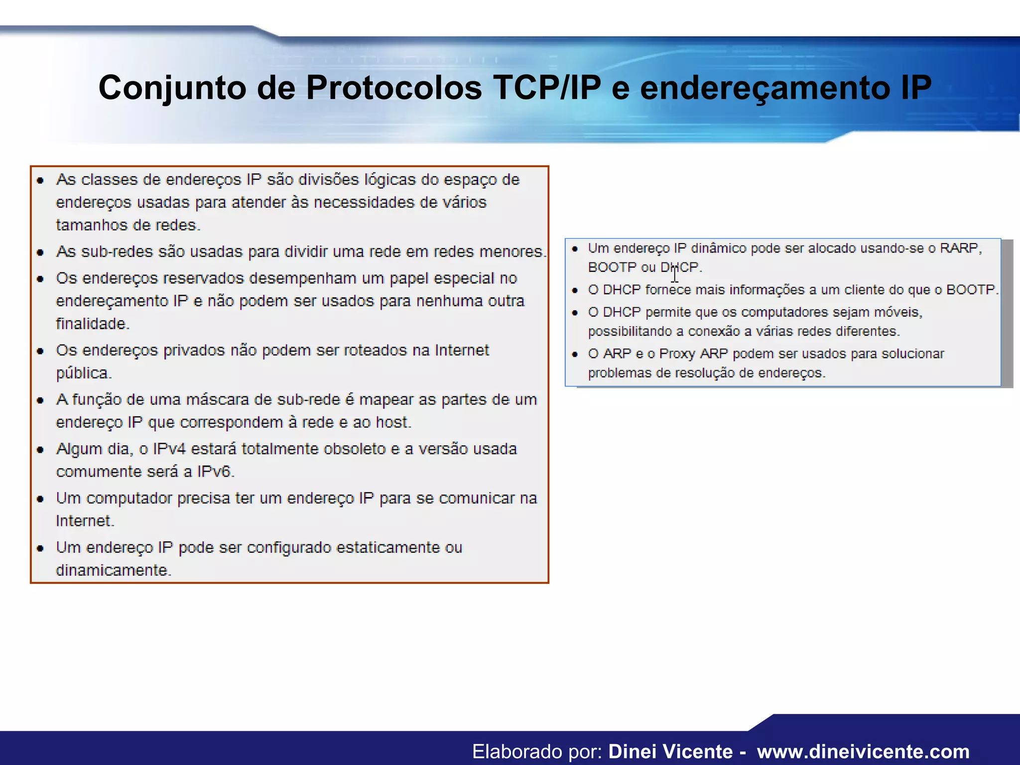Conjunto de Protocolos TCP/IP e endereçamento IP Elaborado por:  Dinei Vicente -  www.dineivicente.com 