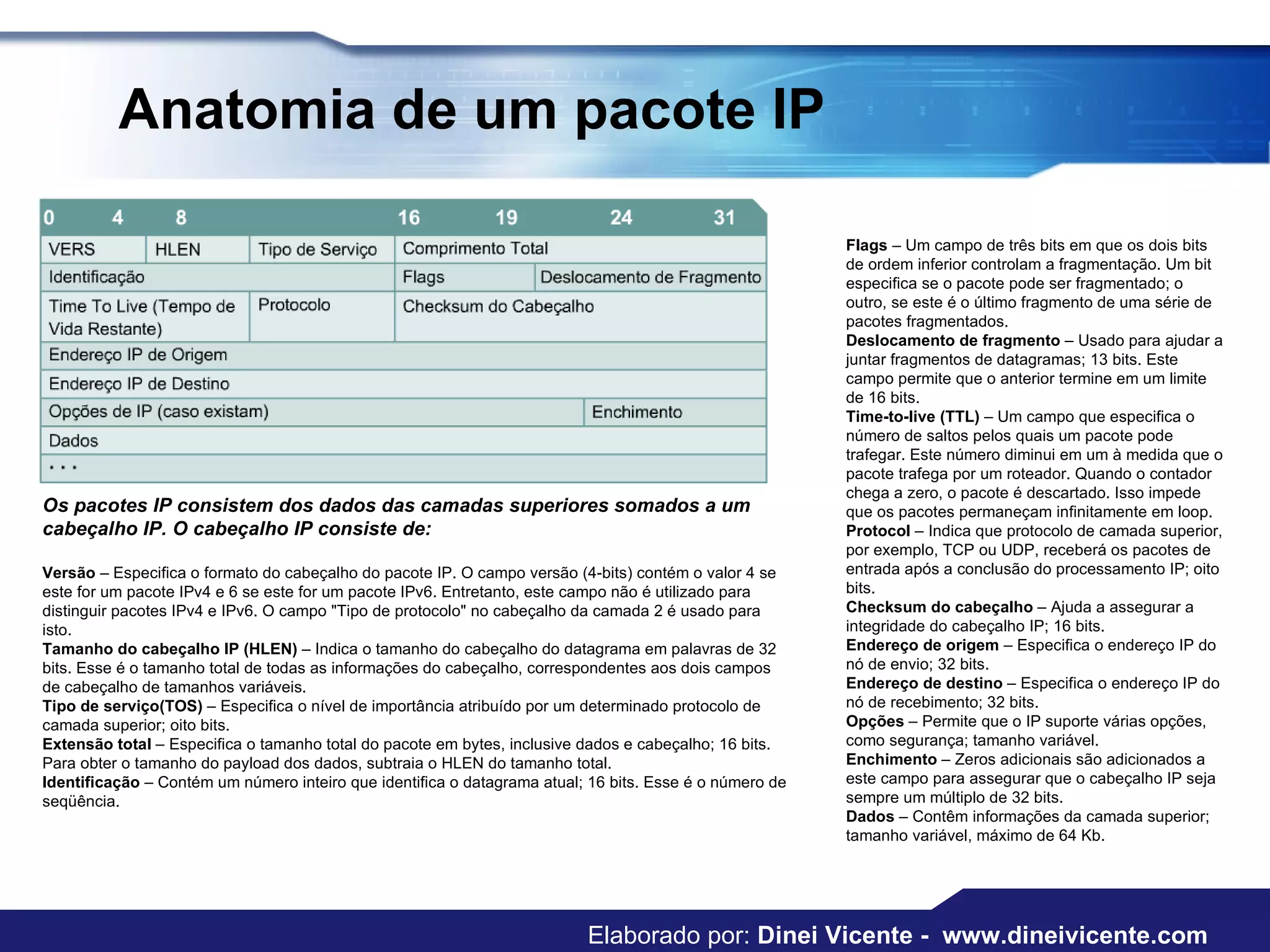Anatomia de um pacote IP Os pacotes IP consistem dos dados das camadas superiores somados a um cabeçalho IP. O cabeçalho IP consiste de:  Versão  – Especifica o formato do cabeçalho do pacote IP. O campo versão (4-bits) contém o valor 4 se este for um pacote IPv4 e 6 se este for um pacote IPv6. Entretanto, este campo não é utilizado para distinguir pacotes IPv4 e IPv6. O campo "Tipo de protocolo" no cabeçalho da camada 2 é usado para isto.  Tamanho do cabeçalho IP (HLEN)  – Indica o tamanho do cabeçalho do datagrama em palavras de 32 bits. Esse é o tamanho total de todas as informações do cabeçalho, correspondentes aos dois campos de cabeçalho de tamanhos variáveis.  Tipo de serviço(TOS)  – Especifica o nível de importância atribuído por um determinado protocolo de camada superior; oito bits.  Extensão total  – Especifica o tamanho total do pacote em bytes, inclusive dados e cabeçalho; 16 bits. Para obter o tamanho do payload dos dados, subtraia o HLEN do tamanho total.  Identificação  – Contém um número inteiro que identifica o datagrama atual; 16 bits. Esse é o número de seqüência.  Flags  – Um campo de três bits em que os dois bits de ordem inferior controlam a fragmentação. Um bit especifica se o pacote pode ser fragmentado; o outro, se este é o último fragmento de uma série de pacotes fragmentados.  Deslocamento de fragmento  – Usado para ajudar a juntar fragmentos de datagramas; 13 bits. Este campo permite que o anterior termine em um limite de 16 bits.  Time-to-live (TTL)  – Um campo que especifica o número de saltos pelos quais um pacote pode trafegar. Este número diminui em um à medida que o pacote trafega por um roteador. Quando o contador chega a zero, o pacote é descartado. Isso impede que os pacotes permaneçam infinitamente em loop.  Protocol  – Indica que protocolo de camada superior, por exemplo, TCP ou UDP, receberá os pacotes de entrada após a conclusão do processamento IP; oito bits.  Checksum do cabeçalho  – Ajuda a assegurar a integridade do cabeçalho IP; 16 bits.  Endereço de origem  – Especifica o endereço IP do nó de envio; 32 bits.  Endereço de destino  – Especifica o endereço IP do nó de recebimento; 32 bits.  Opções  – Permite que o IP suporte várias opções, como segurança; tamanho variável.  Enchimento  – Zeros adicionais são adicionados a este campo para assegurar que o cabeçalho IP seja sempre um múltiplo de 32 bits.  Dados  – Contêm informações da camada superior; tamanho variável, máximo de 64 Kb.  Elaborado por:  Dinei Vicente -  www.dineivicente.com 