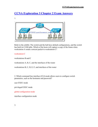 CCNAExamAnswers.com


CCNA Exploration 3 Chapter 2 Exam Answers
1.




Refer to the exhibit. The switch and the hub have default configurations, and the switch
has built its CAM table. Which of the hosts will capture a copy of the frame when
workstation A sends a unicast packet to workstation C?

workstation C

workstations B and C

workstations A, B, C, and the interfaces of the router

workstations B, C, D, E, F, and interfaces of the router



2. Which command line interface (CLI) mode allows users to configure switch
parameters, such as the hostname and password?

user EXEC mode

privileged EXEC mode

global configuration mode

interface configuration mode



3.
 