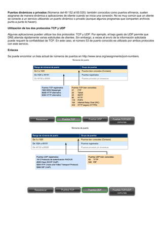 Puertos dinámicos o privados (Números del 49 152 al 65 535): también conocidos como puertos efímeros, suelen
asignarse de manera dinámica a aplicaciones de cliente cuando se inicia una conexión. No es muy común que un cliente
se conecte a un servicio utilizando un puerto dinámico o privado (aunque algunos programas que comparten archivos
punto a punto lo hacen).
Utilización de los dos protocolos TCP y UDP
Algunas aplicaciones pueden utilizar los dos protocolos: TCP y UDP. Por ejemplo, el bajo gasto de UDP permite que
DNS atienda rápidamente varias solicitudes de clientes. Sin embargo, a veces el envío de la información solicitada
puede requerir la confiabilidad de TCP. En este caso, el número 53 de puerto conocido es utilizado por ambos protocolos
con este servicio.
Enlaces
Se puede encontrar un lista actual de números de puertos en http://www.iana.org/assignments/port-numbers.
 
