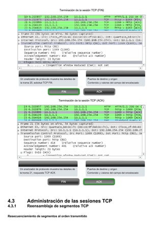 4.3 Administración de las sesiones TCP
4.3.1 Reensamblaje de segmentos TCP
Resecuenciamiento de segmentos al orden transmitido
 