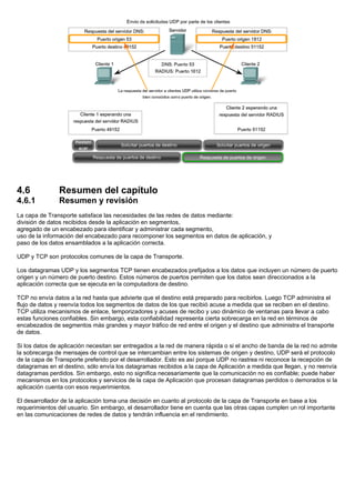 4.6 Resumen del capítulo
4.6.1 Resumen y revisión
La capa de Transporte satisface las necesidades de las redes de datos mediante:
división de datos recibidos desde la aplicación en segmentos,
agregado de un encabezado para identificar y administrar cada segmento,
uso de la información del encabezado para recomponer los segmentos en datos de aplicación, y
paso de los datos ensamblados a la aplicación correcta.
UDP y TCP son protocolos comunes de la capa de Transporte.
Los datagramas UDP y los segmentos TCP tienen encabezados prefijados a los datos que incluyen un número de puerto
origen y un número de puerto destino. Estos números de puertos permiten que los datos sean direccionados a la
aplicación correcta que se ejecuta en la computadora de destino.
TCP no envía datos a la red hasta que advierte que el destino está preparado para recibirlos. Luego TCP administra el
flujo de datos y reenvía todos los segmentos de datos de los que recibió acuse a medida que se reciben en el destino.
TCP utiliza mecanismos de enlace, temporizadores y acuses de recibo y uso dinámico de ventanas para llevar a cabo
estas funciones confiables. Sin embargo, esta confiabilidad representa cierta sobrecarga en la red en términos de
encabezados de segmentos más grandes y mayor tráfico de red entre el origen y el destino que administra el transporte
de datos.
Si los datos de aplicación necesitan ser entregados a la red de manera rápida o si el ancho de banda de la red no admite
la sobrecarga de mensajes de control que se intercambian entre los sistemas de origen y destino, UDP será el protocolo
de la capa de Transporte preferido por el desarrollador. Esto es así porque UDP no rastrea ni reconoce la recepción de
datagramas en el destino, sólo envía los datagramas recibidos a la capa de Aplicación a medida que llegan, y no reenvía
datagramas perdidos. Sin embargo, esto no significa necesariamente que la comunicación no es confiable; puede haber
mecanismos en los protocolos y servicios de la capa de Aplicación que procesan datagramas perdidos o demorados si la
aplicación cuenta con esos requerimientos.
El desarrollador de la aplicación toma una decisión en cuanto al protocolo de la capa de Transporte en base a los
requerimientos del usuario. Sin embargo, el desarrollador tiene en cuenta que las otras capas cumplen un rol importante
en las comunicaciones de redes de datos y tendrán influencia en el rendimiento.
 