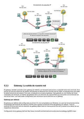 5.3.3 Gateway: La salida de nuestra red
El gateway, también conocido como gateway por defecto, es necesario para enviar un paquete fuera de la red local. Si la
porción de red de la dirección de destino del paquete es diferente de la red del host de origen, el paquete tiene que hallar
la salida fuera de la red original. Para esto, el paquete es enviado al gateway. Este gateway es una interfaz del router
conectada a la red local. La interfaz del gateway tiene una dirección de capa de Red que concuerda con la dirección de
red de los hosts. Los hosts están configurados para reconocer que la dirección es un gateway.
Gateway por defecto
El gateway por defecto está configurado en el host. En una computadora con Windows, se usan las herramientas de las
Propiedades del Protocolo de Internet (TCP/IP) para ingresar la dirección IPv4 del gateway por defecto. Tanto la
dirección IPv4 de host como la dirección de gateway deben tener la misma porción de red (y subred si se utiliza) de sus
respectivas direcciones.
Configuración de la gateway del host http://www.microsoft.com/technet/community/columns/cableguy/cg0903.mspx
 