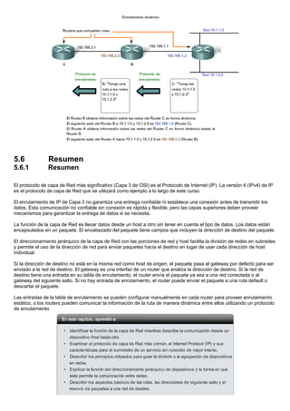 5.6 Resumen
5.6.1 Resumen
El protocolo de capa de Red más significativo (Capa 3 de OSI) es el Protocolo de Internet (IP). La versión 4 (IPv4) de IP
es el protocolo de capa de Red que se utilizará como ejemplo a lo largo de este curso.
El enrutamiento de IP de Capa 3 no garantiza una entrega confiable ni establece una conexión antes de transmitir los
datos. Esta comunicación no confiable sin conexión es rápida y flexible, pero las capas superiores deben proveer
mecanismos para garantizar la entrega de datos si se necesita.
La función de la capa de Red es llevar datos desde un host a otro sin tener en cuenta el tipo de datos. Los datos están
encapsulados en un paquete. El encabezado del paquete tiene campos que incluyen la dirección de destino del paquete.
El direccionamiento jerárquico de la capa de Red con las porciones de red y host facilita la división de redes en subredes
y permite el uso de la dirección de red para enviar paquetes hacia el destino en lugar de usar cada dirección de host
individual.
Si la dirección de destino no está en la misma red como host de origen, el paquete pasa al gateway por defecto para ser
enviado a la red de destino. El gateway es una interfaz de un router que analiza la dirección de destino. Si la red de
destino tiene una entrada en su tabla de enrutamiento, el router envía el paquete ya sea a una red conectada o al
gateway del siguiente salto. Si no hay entrada de enrutamiento, el router puede enviar el paquete a una ruta default o
descartar el paquete.
Las entradas de la tabla de enrutamiento se pueden configurar manualmente en cada router para proveer enrutamiento
estático, o los routers pueden comunicar la información de la ruta de manera dinámica entre ellos utilizando un protocolo
de enrutamiento.
 