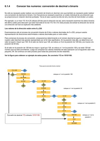 6.1.4 Conocer los numeros: conversión de decimal a binario
No sólo es necesario poder realizar una conversión de binario en decimal, sino que también es necesario poder realizar
una conversión de decimal en binario. Con frecuencia es necesario examinar un octeto individual de una dirección que
se proporciona en notación decimal punteada. Tal es el caso cuando los bits de red y los bits de host dividen un octeto.
Por ejemplo: si un host 172.16.4.20 utilizara 28 bits para la dirección de red, sería necesario examinar los datos binarios
del último octeto para descubrir que este host está en la red 172.16.4.16. Este proceso de extraer la dirección de red de
una dirección de host se explicará más adelante.
Los valores de la dirección están entre 0 y 255
Examinaremos sólo el proceso de conversión binaria de 8 bits a valores decimales de 0 a 255, porque nuestra
representación de direcciones está limitada a valores decimales para un solo octeto.
Para comenzar el proceso de conversión, empezaremos determinando si el número decimal es igual a o mayor que
nuestro valor decimal más grande representado por el bit más significativo. En la posición más alta, se determina si el
valor es igual o mayor que 128. Si el valor es menor que 128, se coloca un 0 en la posición de 128 bits y se mueve a la
posición de 64 bits.
Si el valor en la posición de 128 bits es mayor o igual que 128, se coloca un 1 en la posición 128 y se resta 128 del
número que se está convirtiendo. Luego se comparan los valores restantes de esta operación con el siguiente valor más
pequeño, 64. Se continúa con este proceso para todas las posiciones de bits restantes.
Ver la figura para obtener un ejemplo de estos pasos. Se convierte 172 en 10101100.
 