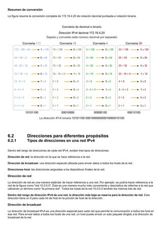 Resumen de conversión
La figura resume la conversión completa de 172.16.4.20 de notación decimal punteada a notación binaria.
6.2 Direcciones para diferentes propósitos
6.2.1 Tipos de direcciones en una red IPv4
Dentro del rango de direcciones de cada red IPv4, existen tres tipos de direcciones:
Dirección de red: la dirección en la que se hace referencia a la red.
Dirección de broadcast: una dirección especial utilizada para enviar datos a todos los hosts de la red.
Direcciones host: las direcciones asignadas a los dispositivos finales de la red.
Dirección de red
La dirección de red es una manera estándar de hacer referencia a una red. Por ejemplo: se podría hacer referencia a la
red de la figura como "red 10.0.0.0". Ésta es una manera mucho más conveniente y descriptiva de referirse a la red que
utilizando un término como "la primera red". Todos los hosts de la red 10.0.0.0 tendrán los mismos bits de red.
Dentro del rango de dirección IPv4 de una red, la dirección más baja se reserva para la dirección de red. Esta
dirección tiene un 0 para cada bit de host en la porción de host de la dirección.
Dirección de broadcast
La dirección de broadcast IPv4 es una dirección especial para cada red que permite la comunicación a todos los host en
esa red. Para enviar datos a todos los hosts de una red, un host puede enviar un solo paquete dirigido a la dirección de
broadcast de la red.
 