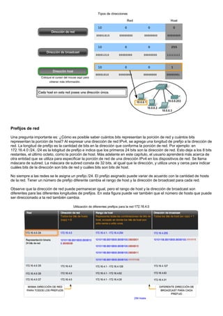 Prefijos de red
Una pregunta importante es: ¿Cómo es posible saber cuántos bits representan la porción de red y cuántos bits
representan la porción de host? Al expresar una dirección de red IPv4, se agrega una longitud de prefijo a la dirección de
red. La longitud de prefijo es la cantidad de bits en la dirección que conforma la porción de red. Por ejemplo: en
172.16.4.0 /24, /24 es la lobgitud de prefijo e indica que los primeros 24 bits son la dirección de red. Esto deja a los 8 bits
restantes, el último octeto, como la porción de host. Más adelante en este capítulo, el usuario aprenderá más acerca de
otra entidad que se utiliza para especificar la porción de red de una dirección IPv4 en los dispositivos de red. Se llama
máscara de subred. La máscara de subred consta de 32 bits, al igual que la dirección, y utiliza unos y ceros para indicar
cuáles bits de la dirección son bits de red y cuáles bits son bits de host.
No siempre a las redes se le asigna un prefijo /24. El prefijo asignado puede variar de acuerdo con la cantidad de hosts
de la red. Tener un número de prefijo diferente cambia el rango de host y la dirección de broadcast para cada red.
Observe que la dirección de red puede permanecer igual, pero el rango de host y la dirección de broadcast son
diferentes para las diferentes longitudes de prefijos. En esta figura puede ver también que el número de hosts que puede
ser direccionado a la red también cambia.
 