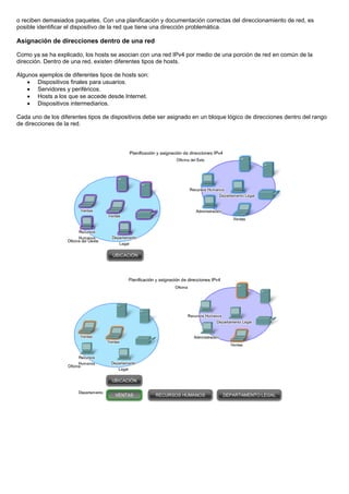 o reciben demasiados paquetes. Con una planificación y documentación correctas del direccionamiento de red, es
posible identificar el dispositivo de la red que tiene una dirección problemática.
Asignación de direcciones dentro de una red
Como ya se ha explicado, los hosts se asocian con una red IPv4 por medio de una porción de red en común de la
dirección. Dentro de una red, existen diferentes tipos de hosts.
Algunos ejemplos de diferentes tipos de hosts son:
• Dispositivos finales para usuarios.
• Servidores y periféricos.
• Hosts a los que se accede desde Internet.
• Dispositivos intermediarios.
Cada uno de los diferentes tipos de dispositivos debe ser asignado en un bloque lógico de direcciones dentro del rango
de direcciones de la red.
 