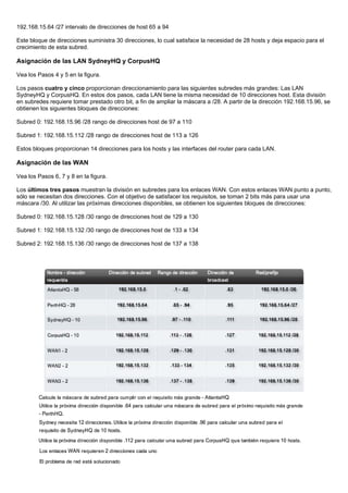 192.168.15.64 /27 intervalo de direcciones de host 65 a 94
Este bloque de direcciones suministra 30 direcciones, lo cual satisface la necesidad de 28 hosts y deja espacio para el
crecimiento de esta subred.
Asignación de las LAN SydneyHQ y CorpusHQ
Vea los Pasos 4 y 5 en la figura.
Los pasos cuatro y cinco proporcionan direccionamiento para las siguientes subredes más grandes: Las LAN
SydneyHQ y CorpusHQ. En estos dos pasos, cada LAN tiene la misma necesidad de 10 direcciones host. Esta división
en subredes requiere tomar prestado otro bit, a fin de ampliar la máscara a /28. A partir de la dirección 192.168.15.96, se
obtienen los siguientes bloques de direcciones:
Subred 0: 192.168.15.96 /28 rango de direcciones host de 97 a 110
Subred 1: 192.168.15.112 /28 rango de direcciones host de 113 a 126
Estos bloques proporcionan 14 direcciones para los hosts y las interfaces del router para cada LAN.
Asignación de las WAN
Vea los Pasos 6, 7 y 8 en la figura.
Los últimos tres pasos muestran la división en subredes para los enlaces WAN. Con estos enlaces WAN punto a punto,
sólo se necesitan dos direcciones. Con el objetivo de satisfacer los requisitos, se toman 2 bits más para usar una
máscara /30. Al utilizar las próximas direcciones disponibles, se obtienen los siguientes bloques de direcciones:
Subred 0: 192.168.15.128 /30 rango de direcciones host de 129 a 130
Subred 1: 192.168.15.132 /30 rango de direcciones host de 133 a 134
Subred 2: 192.168.15.136 /30 rango de direcciones host de 137 a 138
 