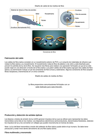Fabricación del cable
Los cables de fibra óptica consisten en un revestimiento exterior de PVC y un conjunto de materiales de refuerzo que
rodean la fibra óptica y su revestimiento. El revestimiento rodea la fibra de plástico o de vidrio y está diseñado para
prevenir la pérdida de luz de la fibra. Se requieren dos fibras para realizar una operación full duplex ya que la luz sólo
puede viajar en una dirección a través de la fibra óptica. Los patch cables de la fibra óptica agrupan dos cables de fibra
óptica y su terminación incluye un par de conectores de fibra únicos y estándares. Algunos conectores de fibra aceptan
fibras receptoras y transmisoras en un único conector.
Producción y detección de señales ópticas
Los láseres o diodos de emisión de luz (LED) generan impulsos de luz que se utilizan para representar los datos
transmitidos como bits en los medios. Los dispositivos electrónicos semiconductores, denominados fotodiodos, detectan
los impulsos de luz y los convierten en voltajes que pueden reconstruirse en tramas de datos.
Nota: La luz del láser transmitida a través del cableado de fibra óptica puede dañar el ojo humano. Se debe tener
precaución y evitar mirar dentro del extremo de una fibra óptica activa.
Fibra multimodo y monomodo
 