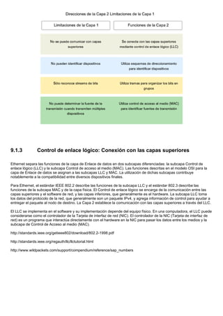 9.1.3 Control de enlace lógico: Conexión con las capas superiores
Ethernet separa las funciones de la capa de Enlace de datos en dos subcapas diferenciadas: la subcapa Control de
enlace lógico (LLC) y la subcapa Control de acceso al medio (MAC). Las funciones descritas en el modelo OSI para la
capa de Enlace de datos se asignan a las subcapas LLC y MAC. La utilización de dichas subcapas contribuye
notablemente a la compatibilidad entre diversos dispositivos finales.
Para Ethernet, el estándar IEEE 802.2 describe las funciones de la subcapa LLC y el estándar 802.3 describe las
funciones de la subcapa MAC y de la capa física. El Control de enlace lógico se encarga de la comunicación entre las
capas superiores y el software de red, y las capas inferiores, que generalmente es el hardware. La subcapa LLC toma
los datos del protocolo de la red, que generalmente son un paquete IPv4, y agrega información de control para ayudar a
entregar el paquete al nodo de destino. La Capa 2 establece la comunicación con las capas superiores a través del LLC.
El LLC se implementa en el software y su implementación depende del equipo físico. En una computadora, el LLC puede
considerarse como el controlador de la Tarjeta de interfaz de red (NIC). El controlador de la NIC (Tarjeta de interfaz de
red) es un programa que interactúa directamente con el hardware en la NIC para pasar los datos entre los medios y la
subcapa de Control de Acceso al medio (MAC).
http://standards.ieee.org/getieee802/download/802.2-1998.pdf
http://standards.ieee.org/regauth/llc/llctutorial.html
http://www.wildpackets.com/support/compendium/reference/sap_numbers
 
