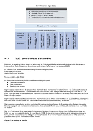 9.1.4 MAC: envío de datos a los medios
El Control de acceso al medio (MAC) es la subcapa de Ethernet inferior de la capa de Enlace de datos. El hardware
implementa el Control de acceso al medio, generalmente en la Tarjeta de interfaz de red (NIC).
La subcapa MAC de Ethernet tiene dos responsabilidades principales:
Encapsulación de datos
Control de Acceso al medio
Encapsulación de datos
La encapsulación de datos proporciona tres funciones principales:
• Delimitación de trama
• Direccionamiento
• Detección de errores
El proceso de encapsulación de datos incluye el armado de la trama antes de la transmisión y el análisis de la trama al
momento de recibir una trama. Cuando forma una trama, la capa MAC agrega un encabezado y un tráiler a la PDU de
Capa 3. La utilización de tramas facilita la transmisión de bits a medida que se colocan en los medios y la agrupación de
bits en el nodo receptor.
El proceso de entramado ofrece delimitadores importantes que se utilizan para identificar un grupo de bits que componen
una trama. Este proceso ofrece una sincronización entre los nodos transmisores y receptores.
El proceso de encapsulación también posibilita el direccionamiento de la capa de Enlace de datos. Cada encabezado
Ethernet agregado a la trama contiene la dirección física (dirección MAC) que permite que la trama se envíe a un nodo
de destino.
Una función adicional de la encapsulación de datos es la detección de errores. Cada trama de Ethernet contiene un
tráiler con una comprobación cíclica de redundancia (CRC) de los contenidos de la trama. Una vez que se recibe una
trama, el nodo receptor crea una CRC para compararla con la de la trama. Si estos dos cálculos de CRC coinciden,
puede asumirse que la trama se recibió sin errores.
Control de acceso al medio
 
