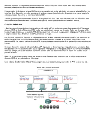 responde enviando un paquete de respuesta de ARP al emisor como una trama unicast. Esta respuesta se utiliza
entonces para crear una entrada nueva en la tabla ARP.
Estas entradas dinámicas de la tabla MAC tienen una marca horaria similar a la de las entradas de la tabla MAC en los
switches. Si un dispositivo no recibe una trama de un determinado dispositivo antes de que venza la marca horaria, la
entrada para este dispositivo se elimina de la tabla ARP.
Además, pueden ingresarse entradas estáticas de mapas en una tabla ARP, pero esto no sucede con frecuencia. Las
entradas estáticas de la tabla ARP caducan cuando pasa el tiempo y deben eliminarse en forma manual.
Creación de la trama
¿Qué hace un nodo cuando debe crear una trama y la caché ARP no contiene un mapa de una dirección IP hacia una
dirección MAC de destino? Cuando el ARP recibe una solicitud para mapear una dirección IPv4 a una dirección MAC,
busca el mapa almacenado en su tabla ARP. Si no encuentra la entrada, la encapsulación del paquete IPv4 no se realiza
y los procesos de Capa 2 notifican al ARP que necesita un mapa.
Los procesos ARP envían entonces un paquete de solicitud de ARP para descubrir la dirección MAC del dispositivo de
destino de la red local. Si un dispositivo que recibe la solicitud tiene la dirección IP de destino, responde con una
respuesta ARP. Se crea un mapa en la tabla ARP. Los paquetes para esa dirección IPv4 pueden ahora encapsularse en
tramas.
Si ningún dispositivo responde a la solicitud de ARP, el paquete se descarta porque no puede crearse una trama. Esta
falla de encapsulación se informa a las capas superiores del dispositivo. Si el dispositivo es un dispositivo intermediario,
como por ejemplo, un router, las capas superiores pueden optar por responder al host de origen con un error en un
paquete ICMPv4.
Haga clic en los números de los pasos que aparecen en la figura para ver el proceso que se utiliza para obtener la
dirección MAC de un nodo de la red física local.
En la práctica de laboratorio, utilizará Wireshark para observar las solicitudes y respuestas de ARP en toda una red.
 