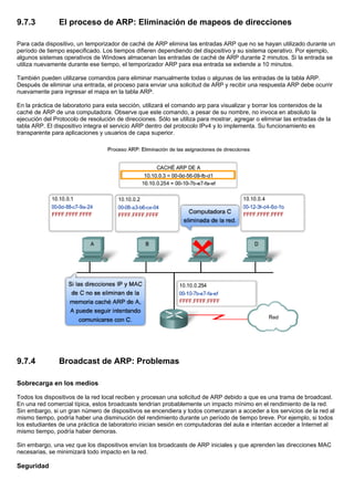 9.7.3 El proceso de ARP: Eliminación de mapeos de direcciones
Para cada dispositivo, un temporizador de caché de ARP elimina las entradas ARP que no se hayan utilizado durante un
período de tiempo especificado. Los tiempos difieren dependiendo del dispositivo y su sistema operativo. Por ejemplo,
algunos sistemas operativos de Windows almacenan las entradas de caché de ARP durante 2 minutos. Si la entrada se
utiliza nuevamente durante ese tiempo, el temporizador ARP para esa entrada se extiende a 10 minutos.
También pueden utilizarse comandos para eliminar manualmente todas o algunas de las entradas de la tabla ARP.
Después de eliminar una entrada, el proceso para enviar una solicitud de ARP y recibir una respuesta ARP debe ocurrir
nuevamente para ingresar el mapa en la tabla ARP.
En la práctica de laboratorio para esta sección, utilizará el comando arp para visualizar y borrar los contenidos de la
caché de ARP de una computadora. Observe que este comando, a pesar de su nombre, no invoca en absoluto la
ejecución del Protocolo de resolución de direcciones. Sólo se utiliza para mostrar, agregar o eliminar las entradas de la
tabla ARP. El dispositivo integra el servicio ARP dentro del protocolo IPv4 y lo implementa. Su funcionamiento es
transparente para aplicaciones y usuarios de capa superior.
9.7.4 Broadcast de ARP: Problemas
Sobrecarga en los medios
Todos los dispositivos de la red local reciben y procesan una solicitud de ARP debido a que es una trama de broadcast.
En una red comercial típica, estos broadcasts tendrían probablemente un impacto mínimo en el rendimiento de la red.
Sin embargo, si un gran número de dispositivos se encendiera y todos comenzaran a acceder a los servicios de la red al
mismo tiempo, podría haber una disminución del rendimiento durante un período de tiempo breve. Por ejemplo, si todos
los estudiantes de una práctica de laboratorio inician sesión en computadoras del aula e intentan acceder a Internet al
mismo tiempo, podría haber demoras.
Sin embargo, una vez que los dispositivos envían los broadcasts de ARP iniciales y que aprenden las direcciones MAC
necesarias, se minimizará todo impacto en la red.
Seguridad
 