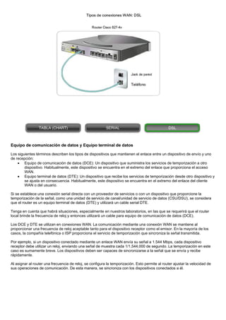 Equipo de comunicación de datos y Equipo terminal de datos
Los siguientes términos describen los tipos de dispositivos que mantienen el enlace entre un dispositivo de envío y uno
de recepción:
• Equipo de comunicación de datos (DCE): Un dispositivo que suministra los servicios de temporización a otro
dispositivo. Habitualmente, este dispositivo se encuentra en el extremo del enlace que proporciona el acceso
WAN.
• Equipo terminal de datos (DTE): Un dispositivo que recibe los servicios de temporización desde otro dispositivo y
se ajusta en consecuencia. Habitualmente, este dispositivo se encuentra en el extremo del enlace del cliente
WAN o del usuario.
Si se establece una conexión serial directa con un proveedor de servicios o con un dispositivo que proporcione la
temporización de la señal, como una unidad de servicio de canal/unidad de servicio de datos (CSU/DSU), se considera
que el router es un equipo terminal de datos (DTE) y utilizará un cable serial DTE.
Tenga en cuenta que habrá situaciones, especialmente en nuestros laboratorios, en las que se requerirá que el router
local brinde la frecuencia de reloj y entonces utilizará un cable para equipo de comunicación de datos (DCE).
Los DCE y DTE se utilizan en conexiones WAN. La comunicación mediante una conexión WAN se mantiene al
proporcionar una frecuencia de reloj aceptable tanto para el dispositivo receptor como el emisor. En la mayoría de los
casos, la compañía telefónica o ISP proporciona el servicio de temporización que sincroniza la señal transmitida.
Por ejemplo, si un dispositivo conectado mediante un enlace WAN envía su señal a 1.544 Mbps, cada dispositivo
receptor debe utilizar un reloj, enviando una señal de muestra cada 1/1,544,000 de segundo. La temporización en este
caso es sumamente breve. Los dispositivos deben ser capaces de sincronizarse a la señal que se envía y recibe
rápidamente.
Al asignar al router una frecuencia de reloj, se configura la temporización. Esto permite al router ajustar la velocidad de
sus operaciones de comunicación. De esta manera, se sincroniza con los dispositivos conectados a él.
 